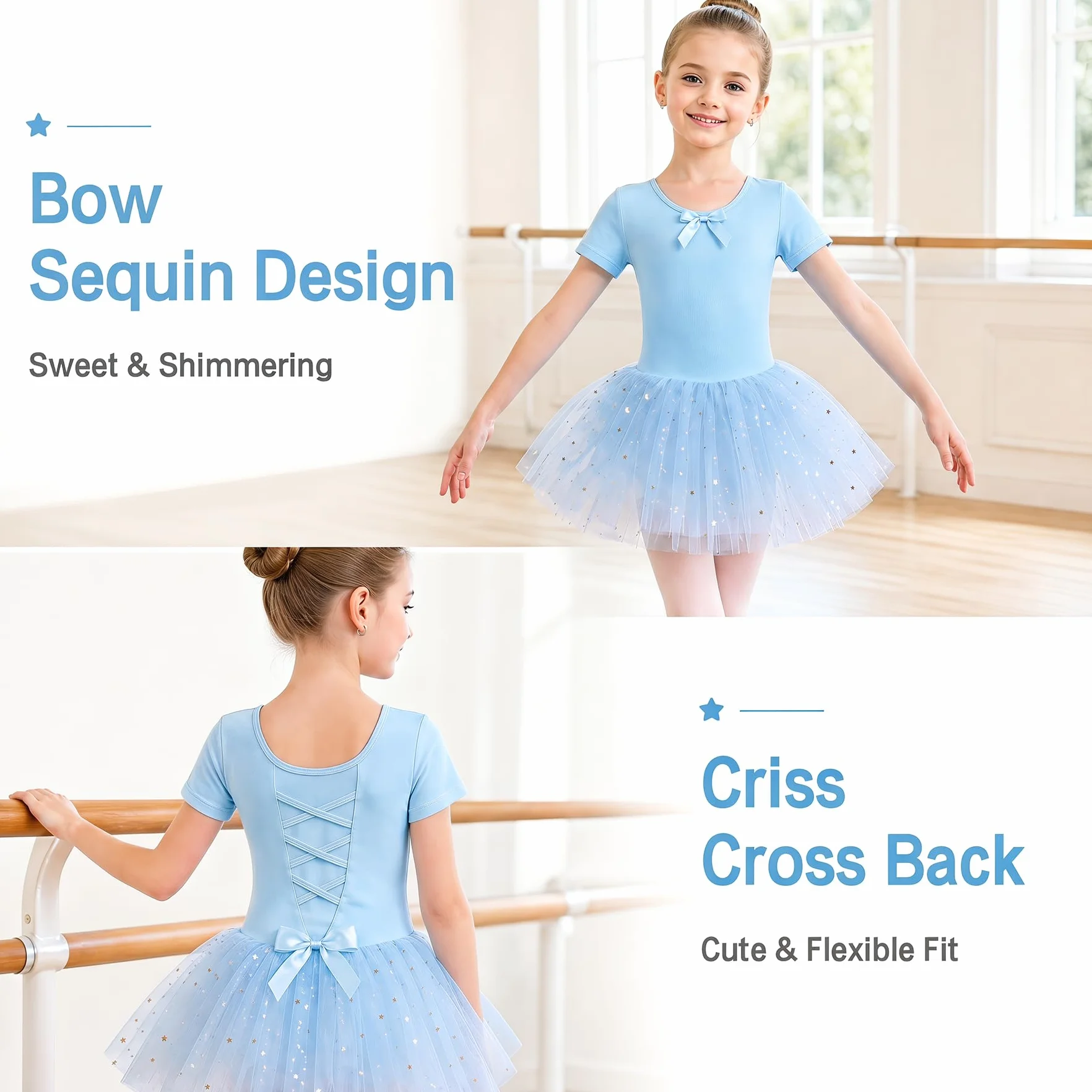 JinBei Vestido Ballet Niña Algodón Tutu con Lentejuelas Maillot Danza 2-9 Años
