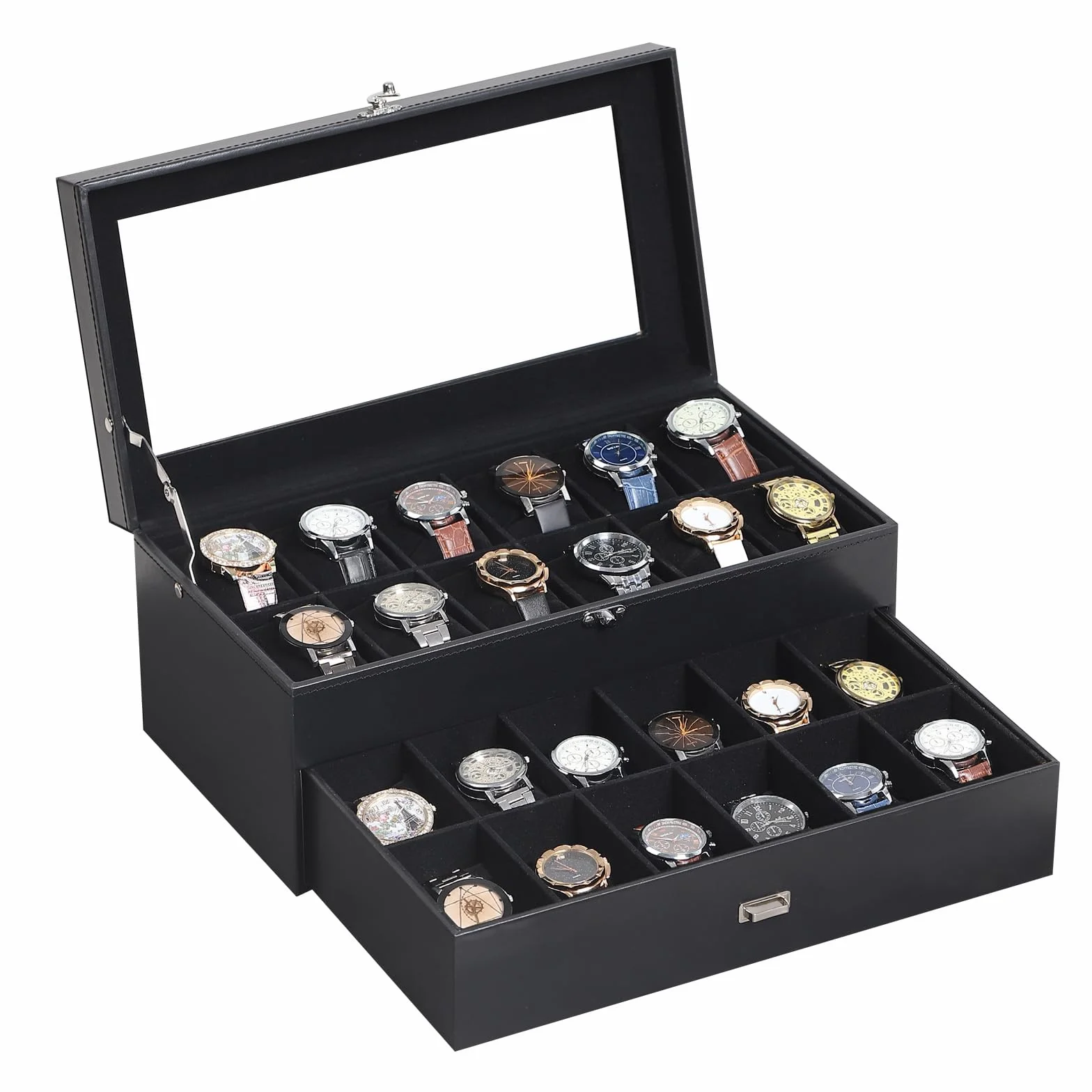 AUTOARK Caja organizadora de 24 relojes con tapa de vidrio y cajón de joyas de cuero y terciopelo, negro MKAW035