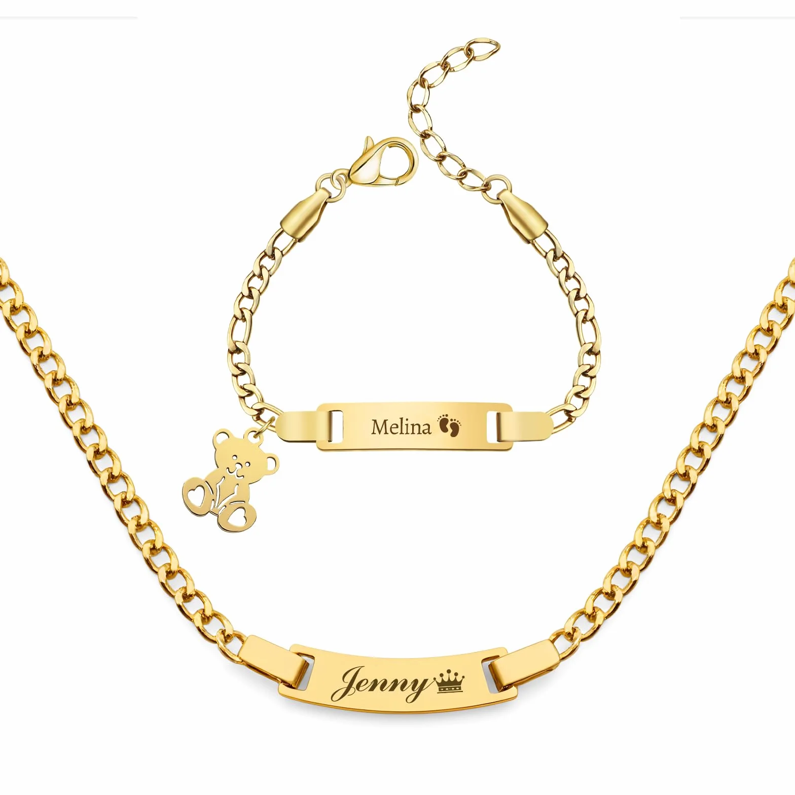 Conjunto de pulsera y collar personalizados con grabado de nombre, texto y fecha de nacimiento para bautizos