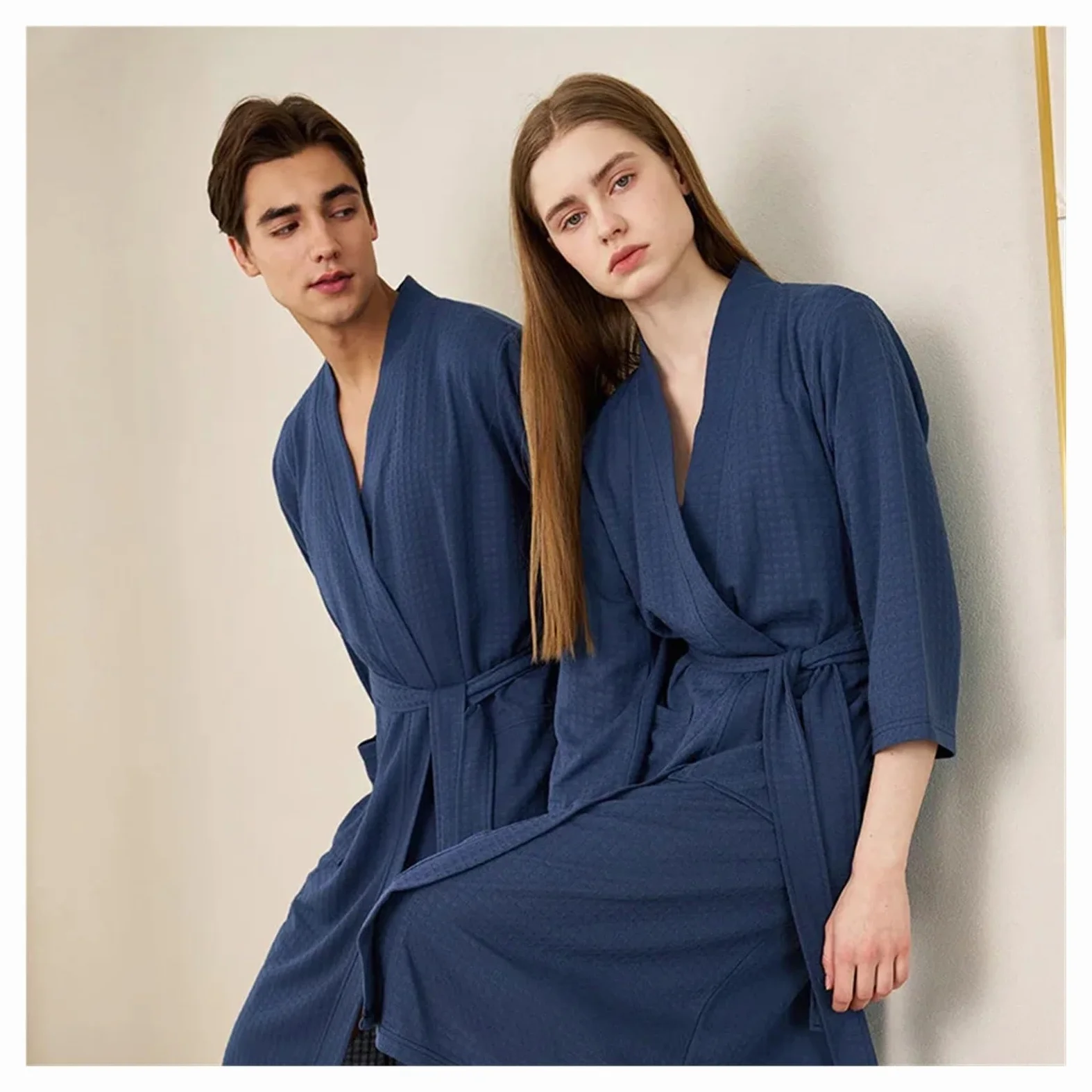 Albornoz Mujer Rizo Albornoz de verano fino y absorbente con diseño gofre for mujer hombre, camisón sencillo longitud media for, toalla baño transpirable