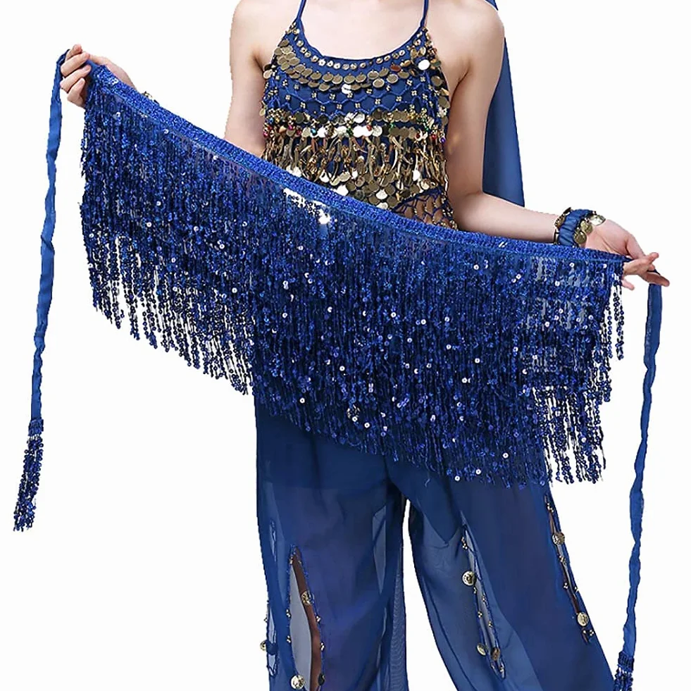 Falda de danza del vientre con lentejuelas para mujer, cinturón de cadera, borla, bufanda, disfraz rave (azul real)