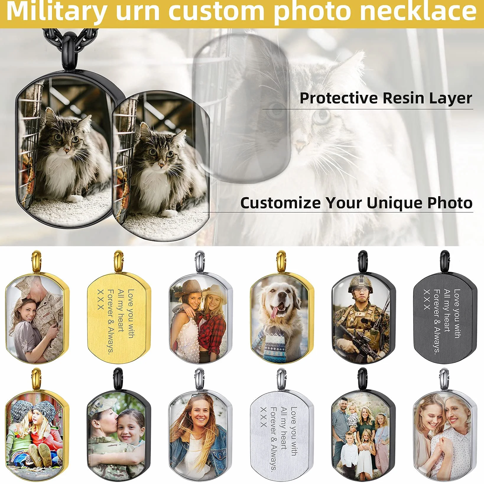 GoldChic JEWELRY Porta Cenizas Chapa Militar con Foto Nombre Colgante para Cenizas Resistente al Agua, Negro