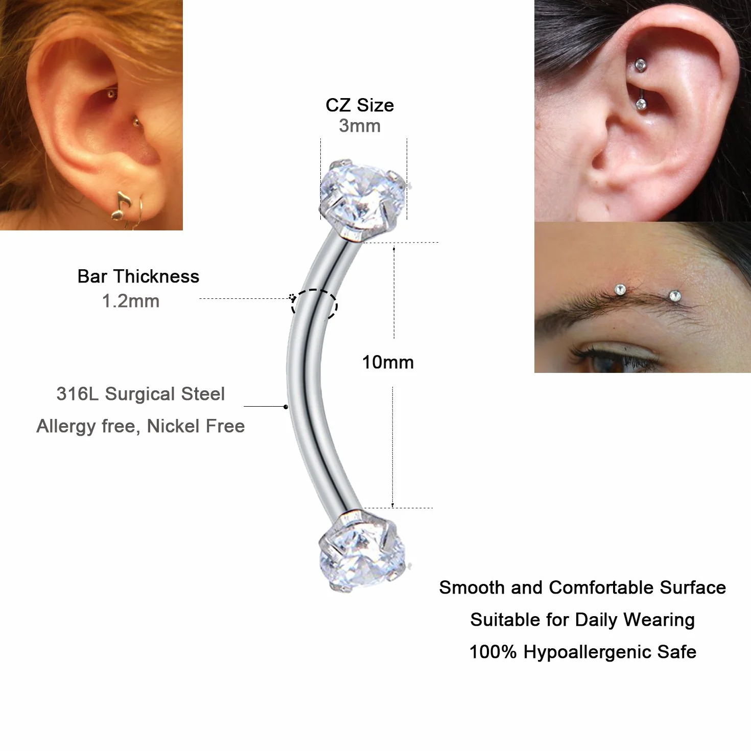 Piercing Curvados Acero Inoxidable 16G Labio Ceja Anillo Labret Septum Helix Rook Cartilago Oreja 6mm 8mm 10mm