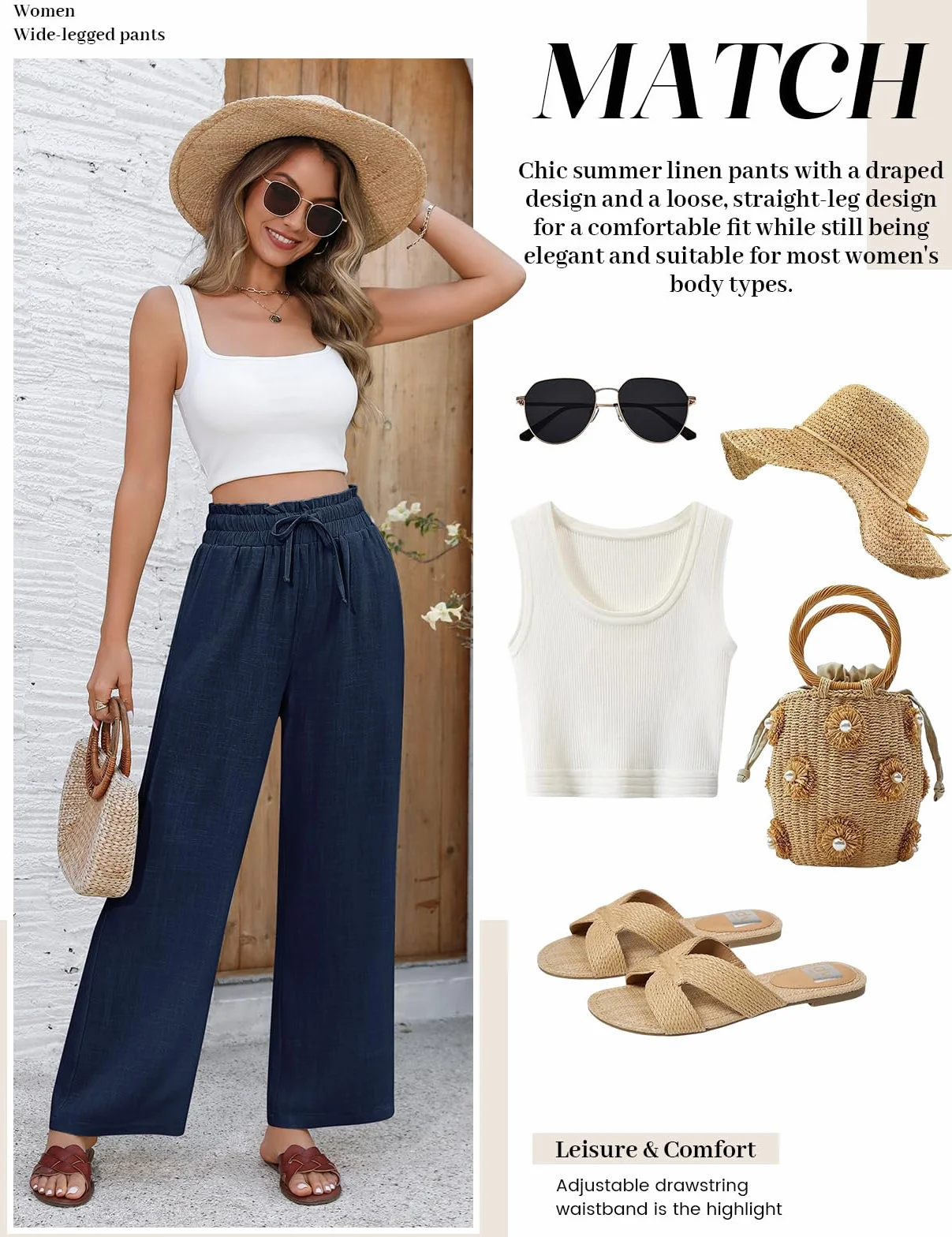 Pantalones Mujer Verano Lino Algodón Cintura Alta Elástica Anchos Casual