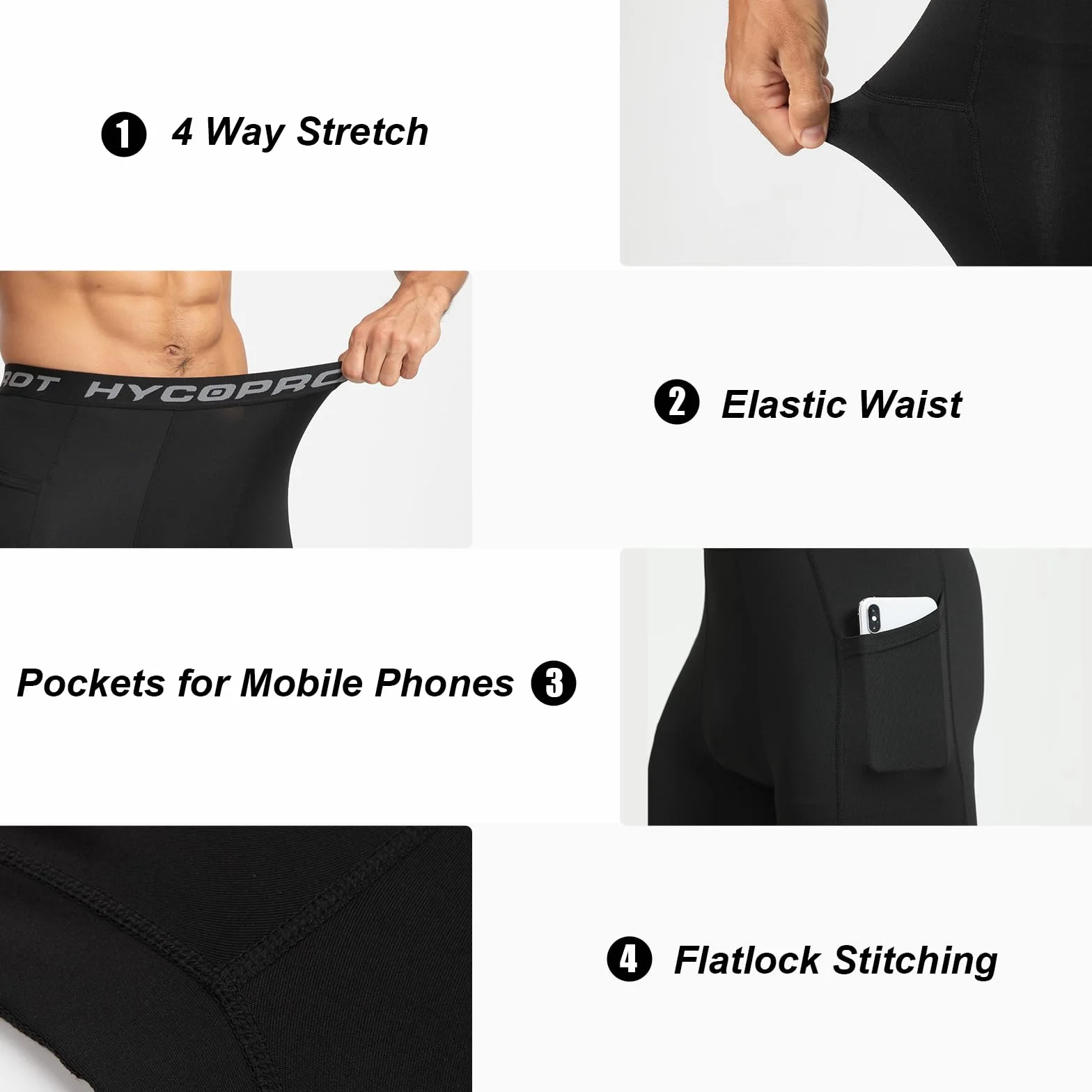 HYCOPROT 3/4 Pantalones de Compresión para Hombres con Bolsillos, Deportivos para Correr, Entrenamiento, Yoga y Baloncesto