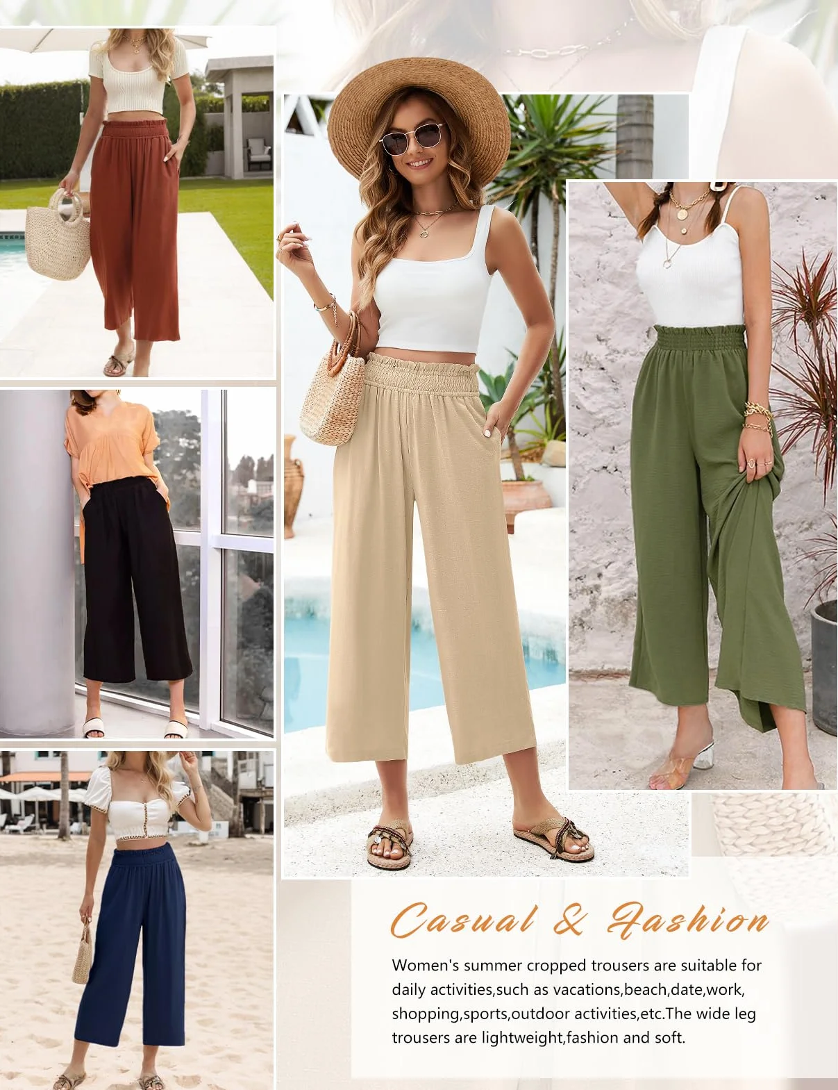 Pantalones Lino Mujer 3/4 Verano Anchos Algodón Alta Cintura Elásticos con Bolsillos