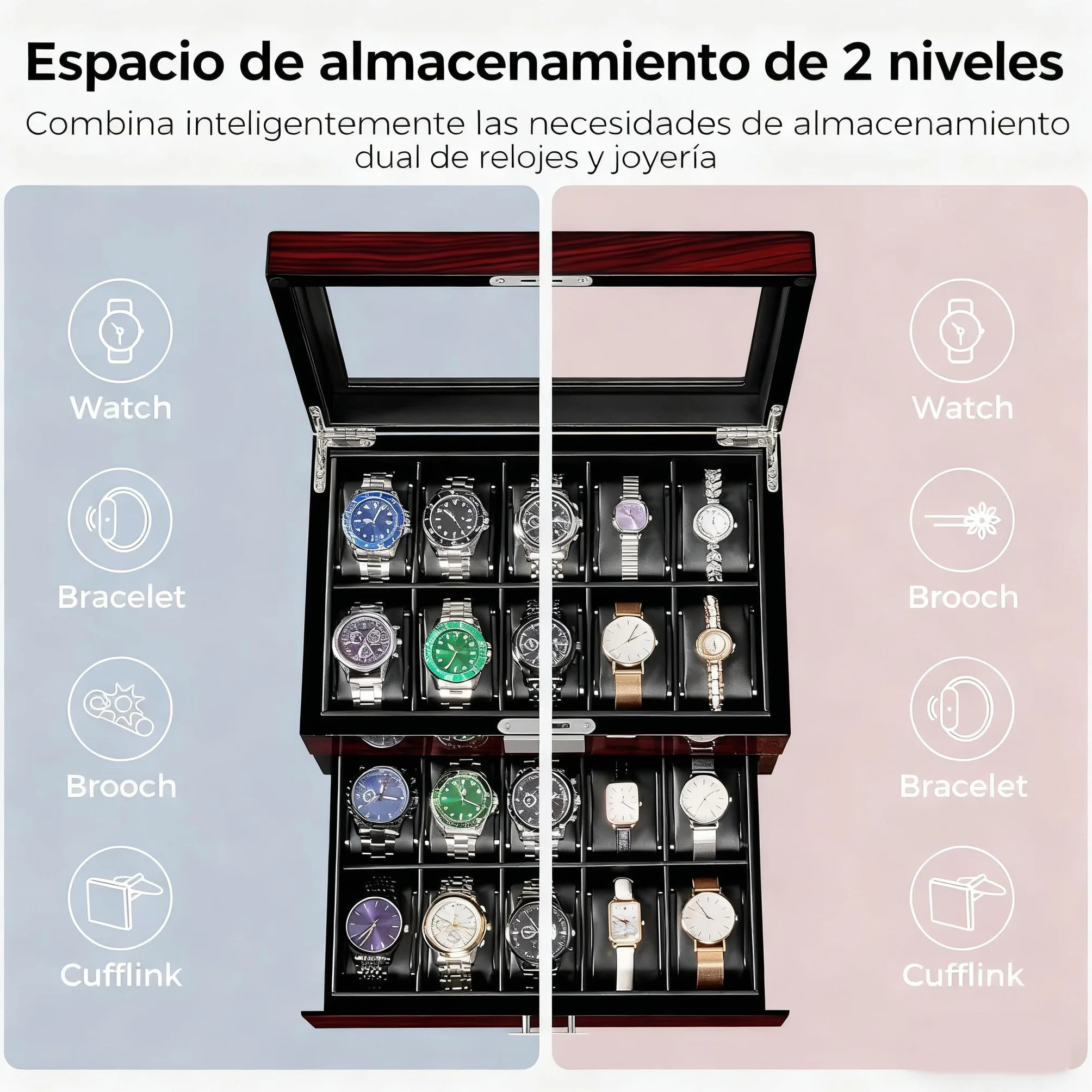 ANWBROAD Caja para Relojes 20 Compartimentos Con Cerradura Vitrina 2 Niveles JWB002Y