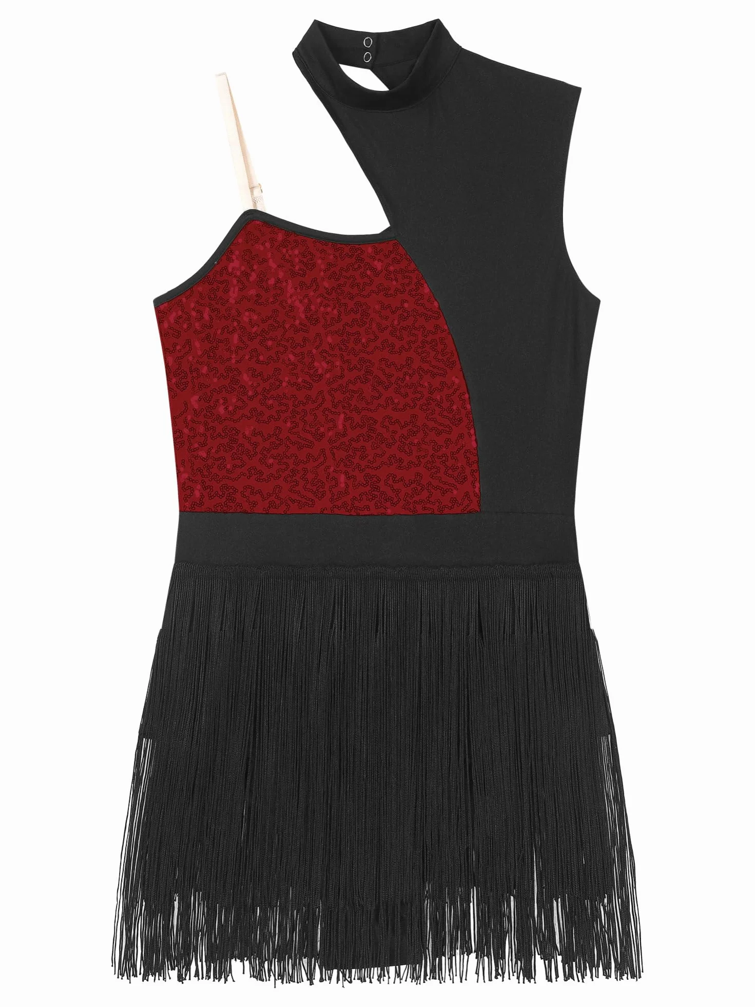 IEFIEL Vestido de Danza Lentejuelas con Flecos sin Manga para Mujer Maillot de Baile Latino Tango S-XXL
