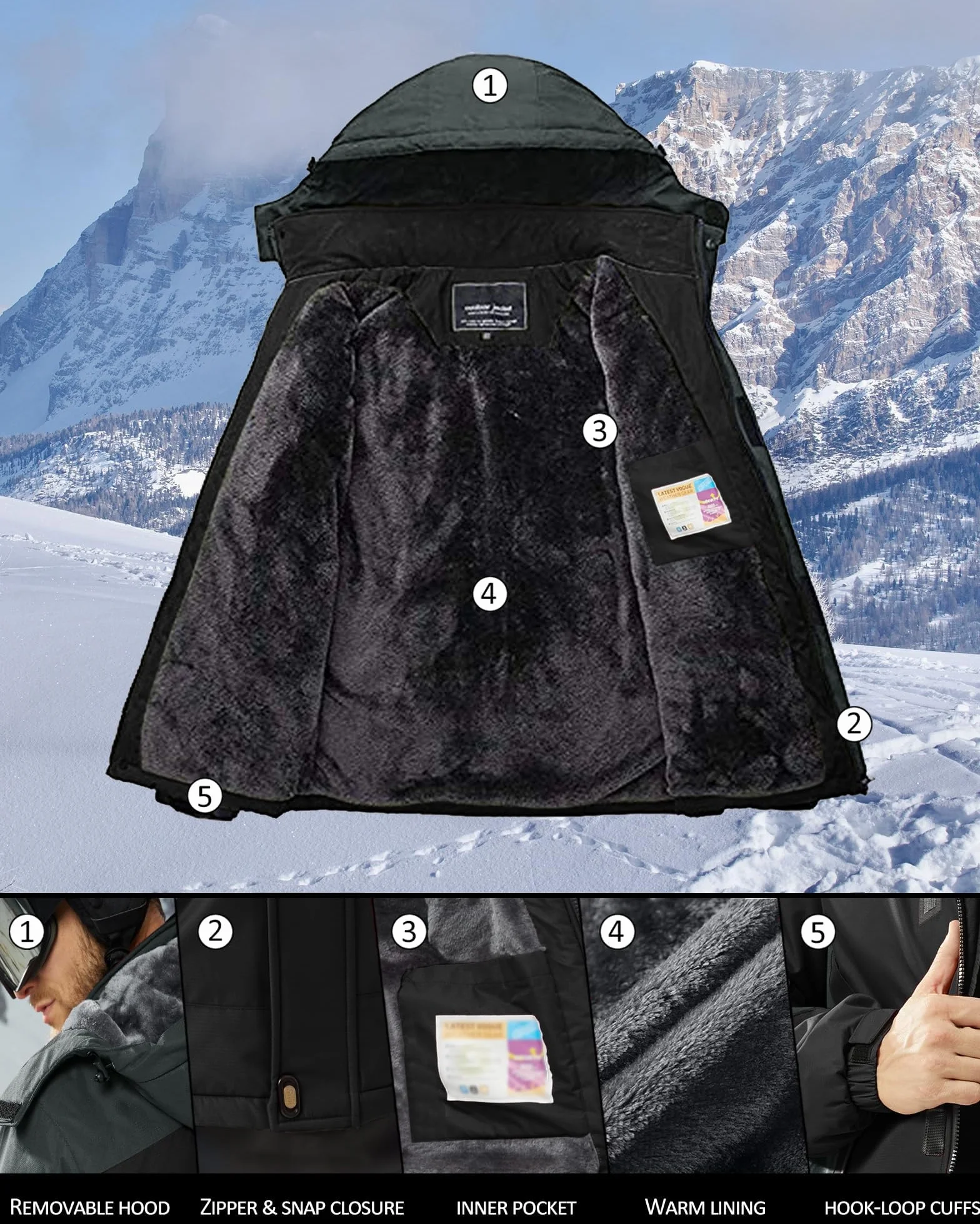 Chaqueta Invierno Hombre Impermeable Esquí con Forro Cálido y Capucha Extraíble