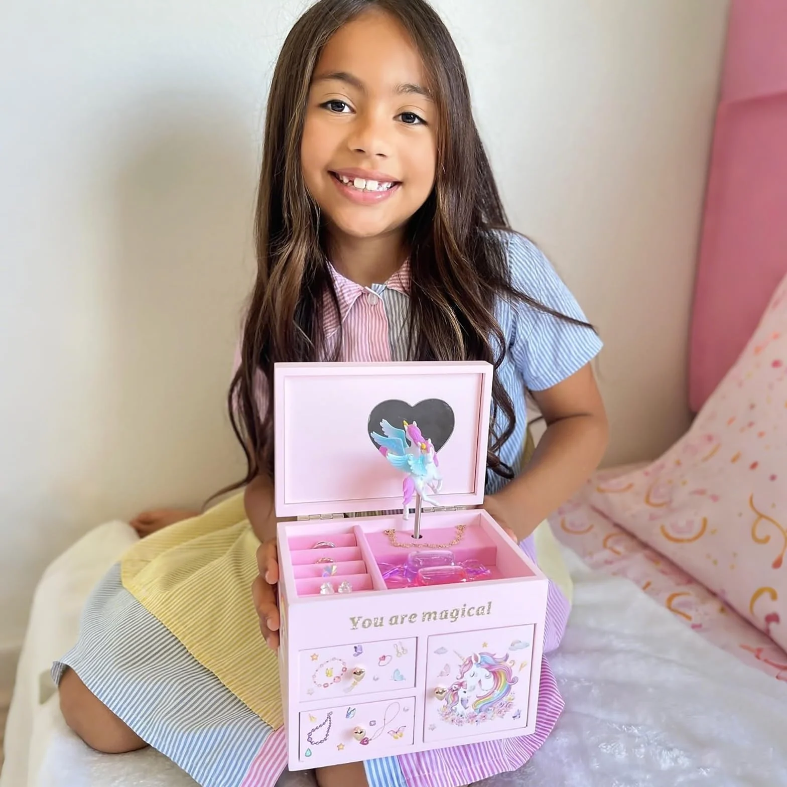 Lolalet Joyero de Madera para Niñas, Organizador de Joyería con Unicornio, Caja para Collar, Pendientes, Pulsera, Reloj, Pintalabios y Anillo - Rosa
