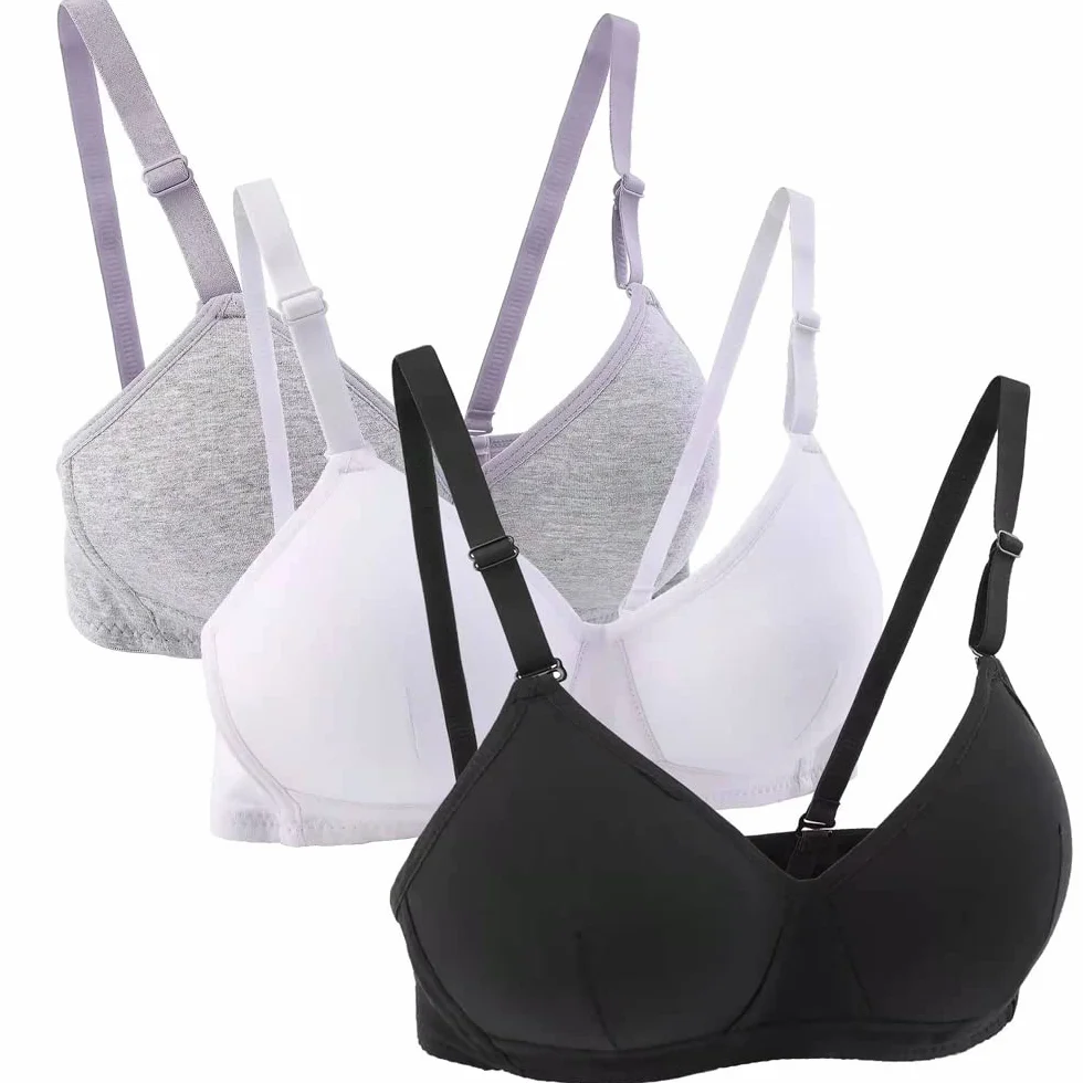 Sujetador Deportivo de Algodón para Niña Adolescente con Correa Ajustable Desmontable Bralette, Paquete de 3, A-Cup