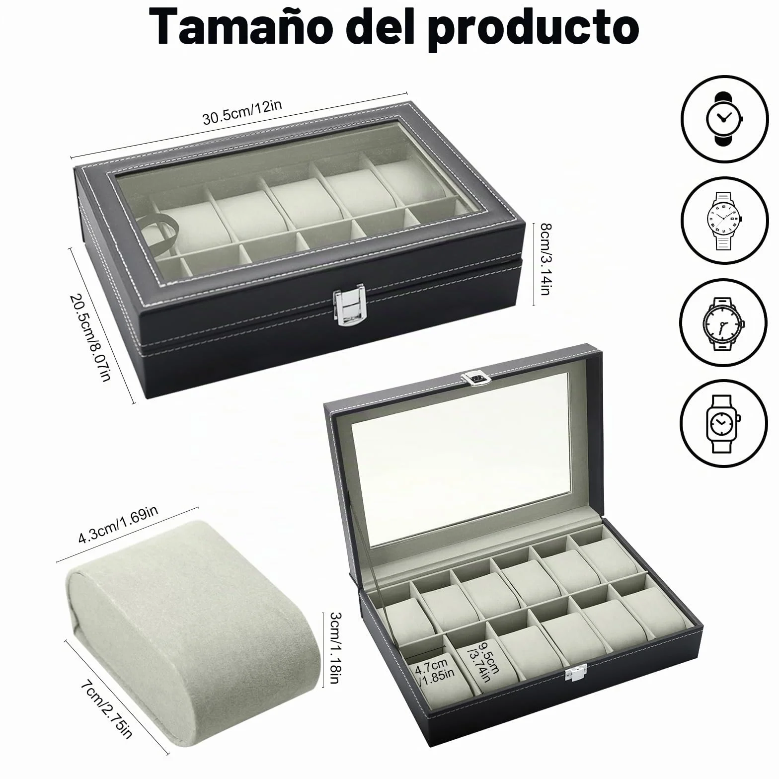 Caja de Relojes 12 Compartimentos, Estuche de Relojes de PU Cuero con Tapa de Acrílico y Cojines Extraíbles