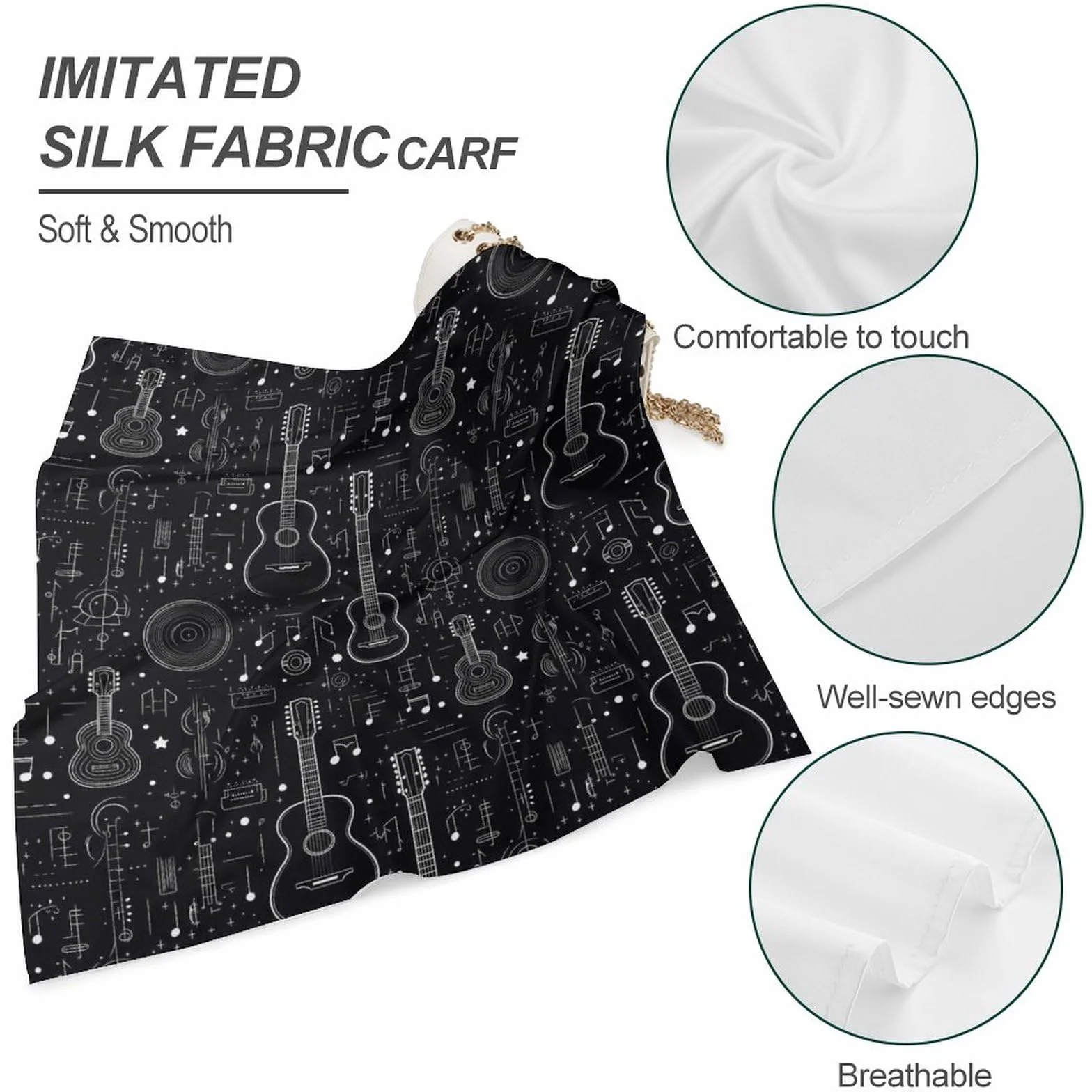 Bandanas negras con estampado de guitarra para mujeres y hombres, bandana de seda, pañuelo para la cabeza, pañuelo para el cabello