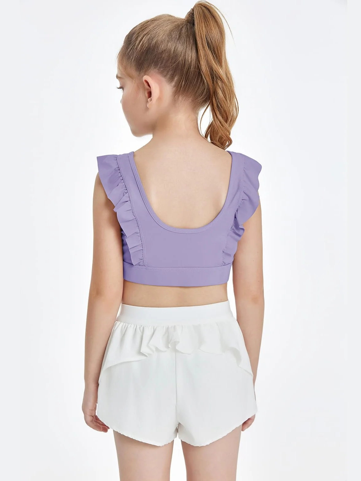Crop Top Sujetador Deportivo Volantes sin Mangas sin Vientre Yoga Ballet Camisetas Tanque Tops Violáceo 140