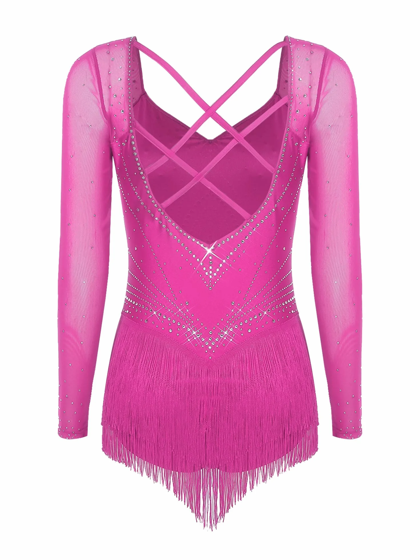 Vestido de Baile Salsa con Flecos Manga Larga Pedrería Brillante Latino Profesional Rumba Vals