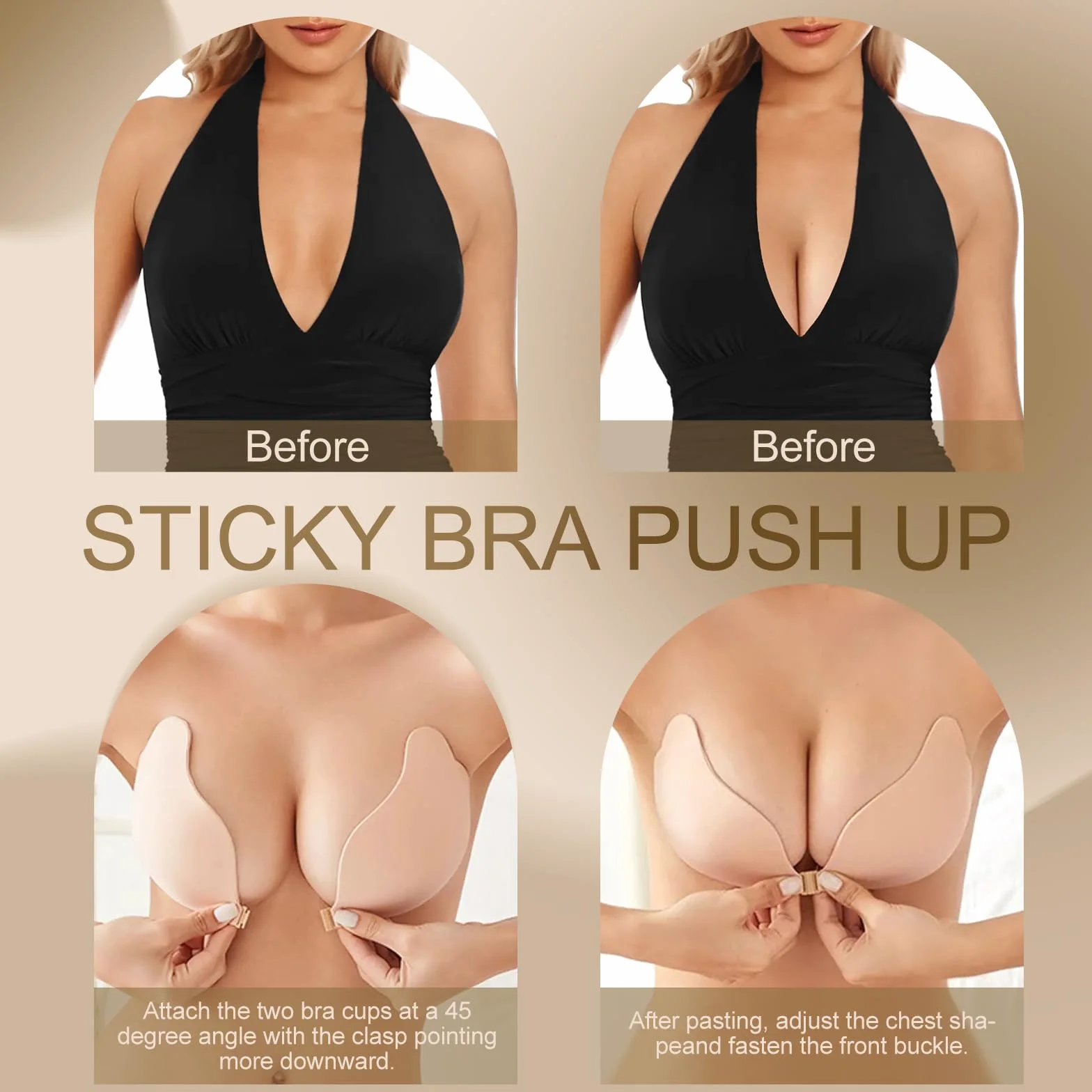 Sujetador Adhesivo Push Up, 2 Piezas Sujetador Invisible Reutilizables con Nipple Cover Sujetador Sin Tirantes Espalda para Mujer