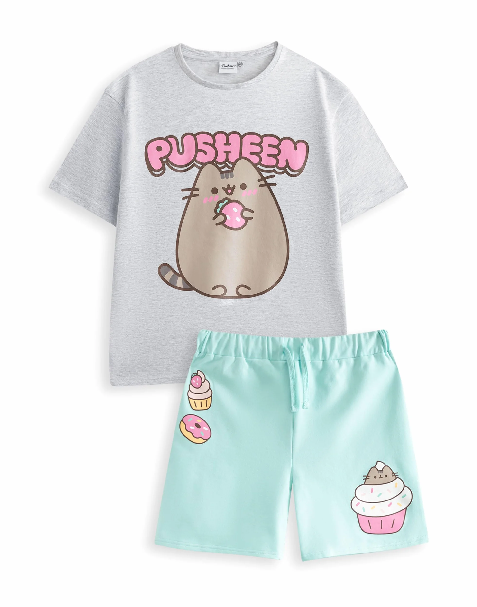 Pusheen the Cat Conjunto Niña Camiseta Gris y Shorts | Camiseta con gráfico verde menta y cinturilla elástica | Ropa casual de manga corta | Mercancía