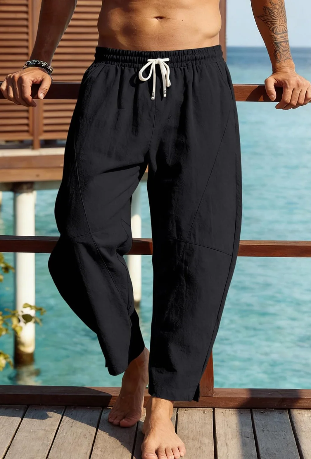 Pantalón de Lino y Algodón para Hombre Harén Curvo Bolsillos Baggy Casual Tiro Bajo Streetwear Verano