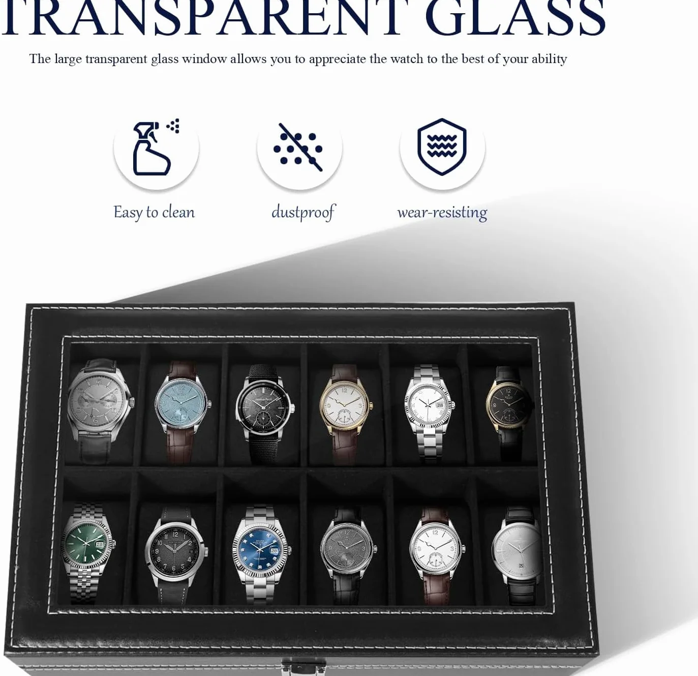 Caja de Relojes con Tapa de Cristal y Cojín Extraíble 12 Ranuras Organizador