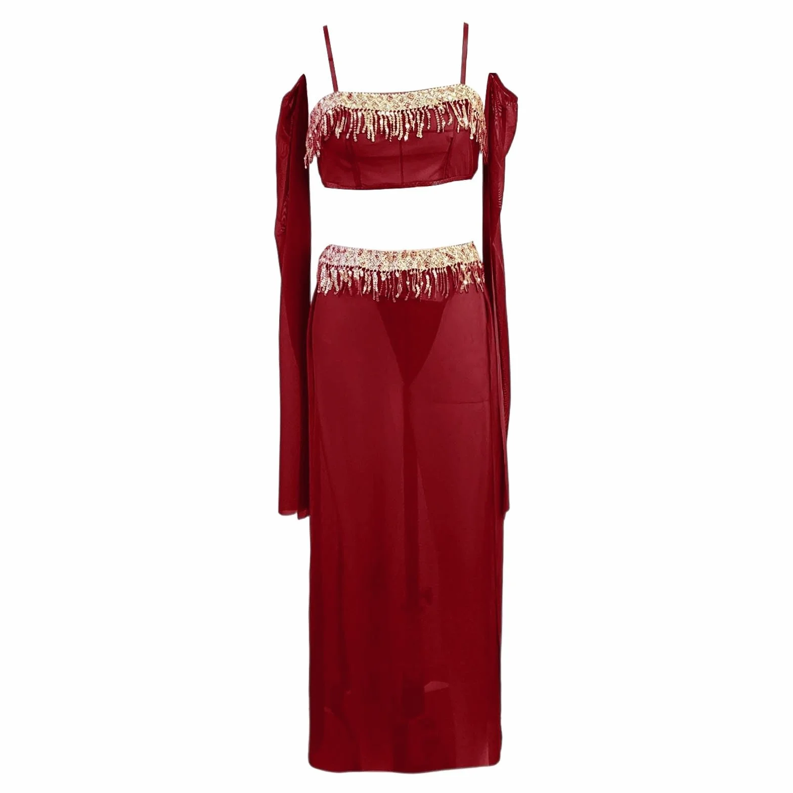 Disfraz Danza del Vientre Vestido Largo Transparente Malla Lentejuelas