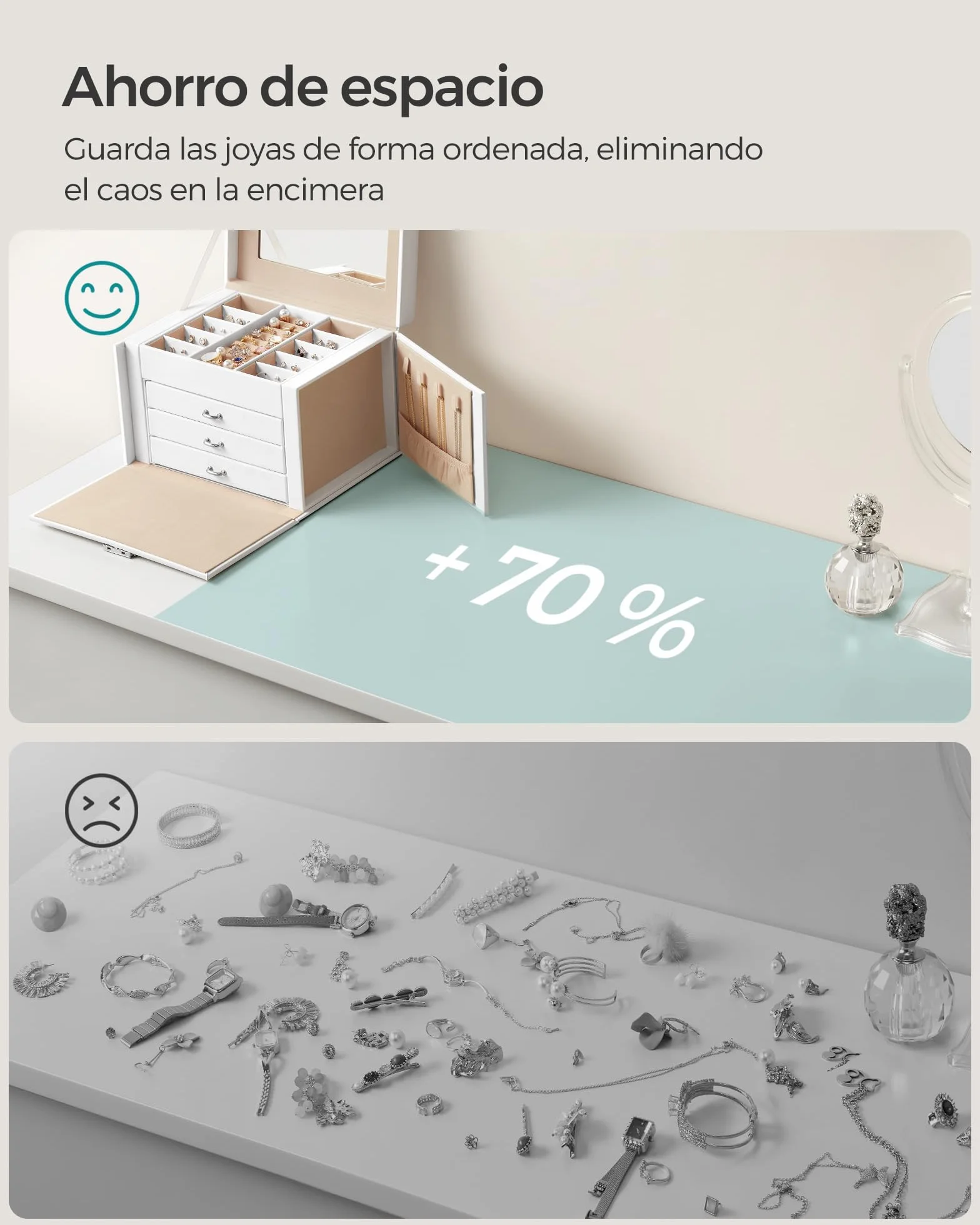 SONGMICS Caja Joyero de 4 Niveles con Asa, 3 Cajones, Espejo, Cerradura, Blanco Nube y Beige Arena JBC159W01