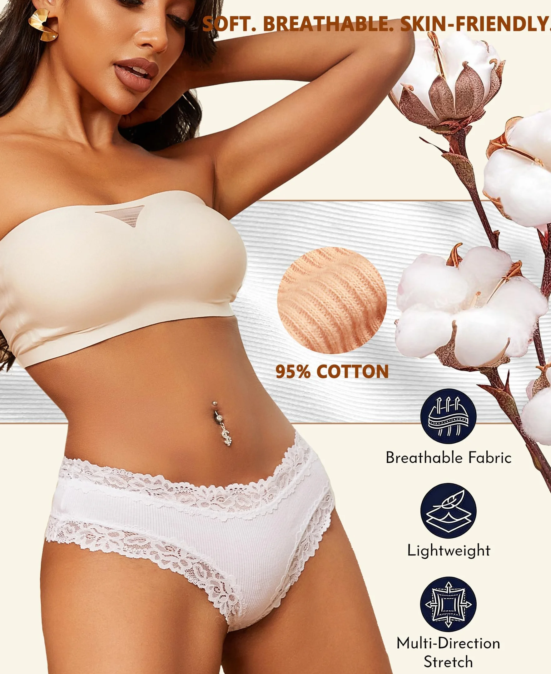 Pack de 6 Braguitas de algodón con Encaje para Mujer