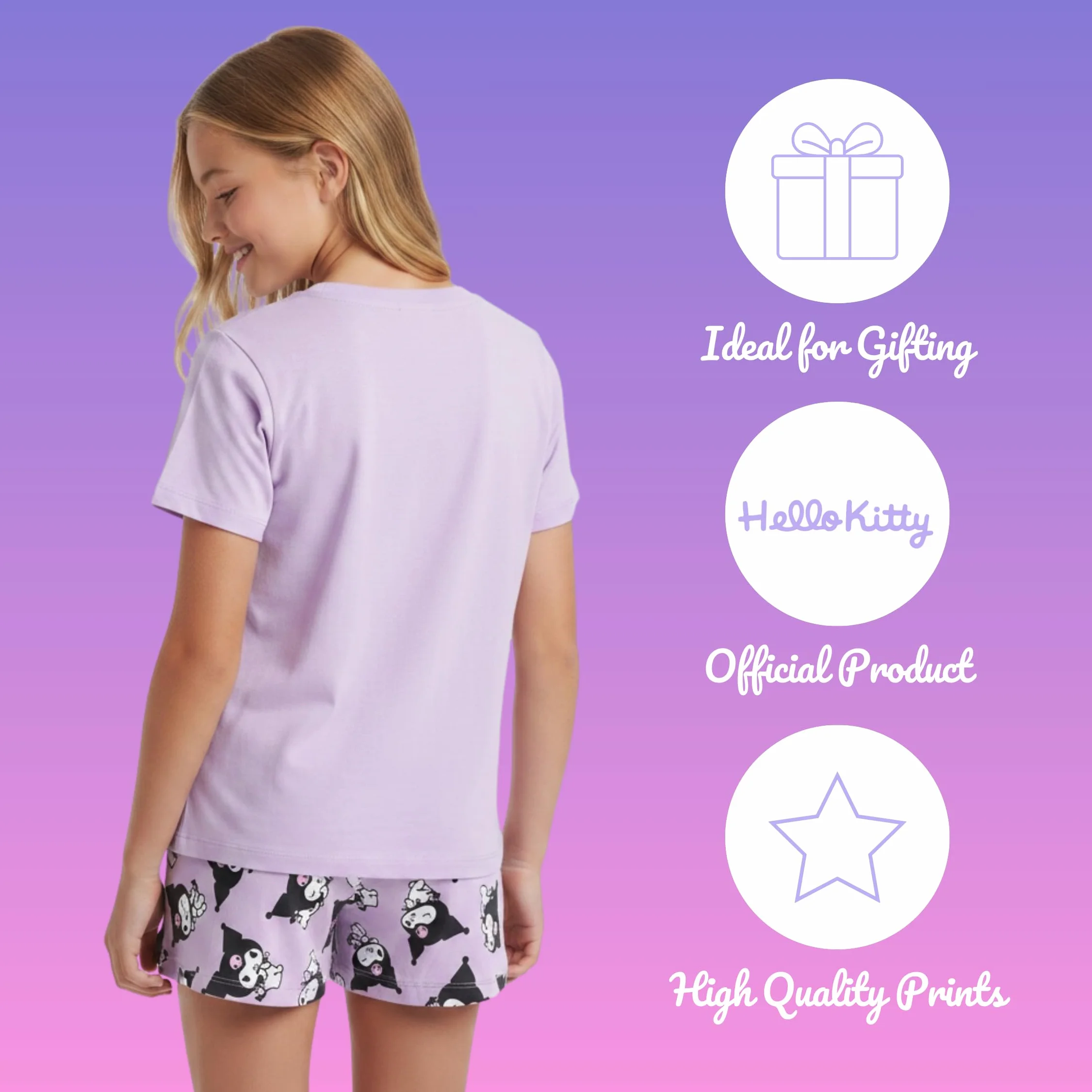 Hello Kitty Kuromi Camiseta y Pantalon para Niña, Pijama Conjunto 2 Piezas Camiseta Manga Corta y Pantalon Corto, Tallas 8 a 14 Años
