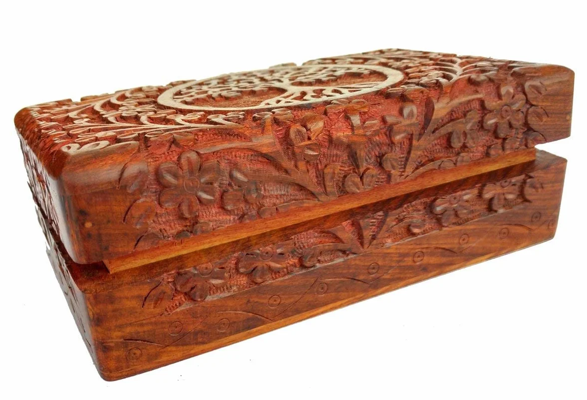 Cofre del Tesoro Decorativo de Madera Tallada a mano con Patrón de árbol de la Vida, Almacenamiento de Joyas, Caja de Reloj, 8 x 5 pulgadas