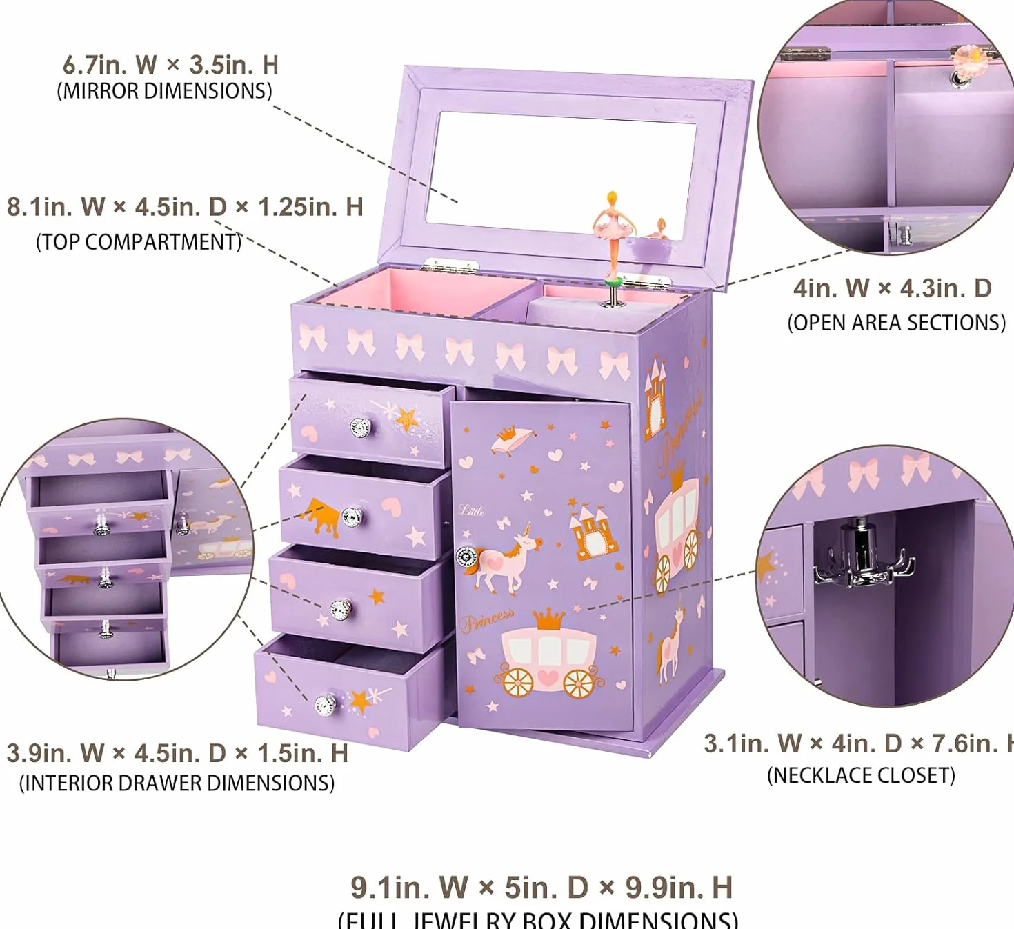Caja de Joyas para Niñas con Música de Princesa y Sirena, Regalo de Cumpleaños 3-12 Años