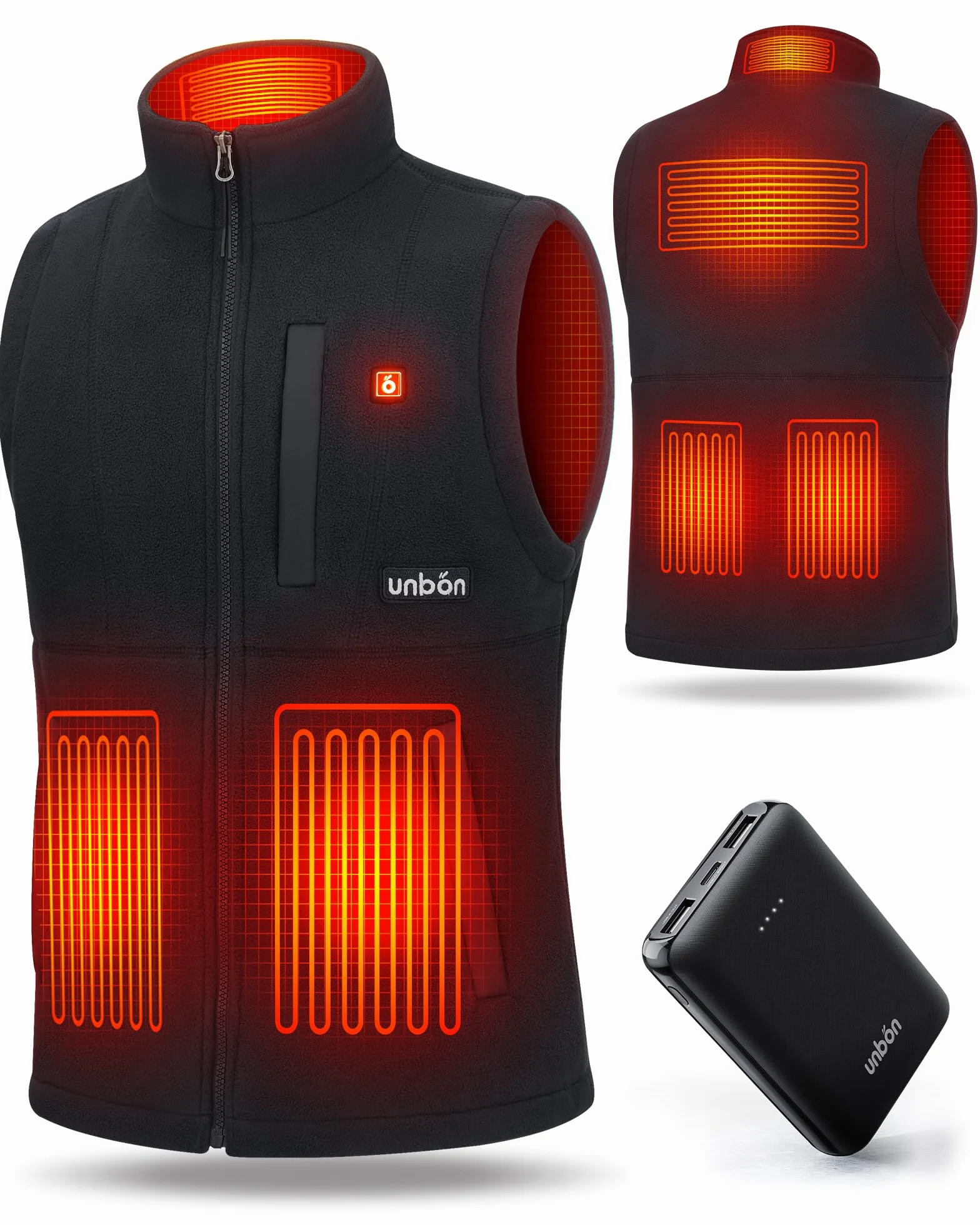 UNBON Chaleco Calefactable Hombre Batería USB 10000mAh 3 Temperaturas 6 Zonas Calefactables