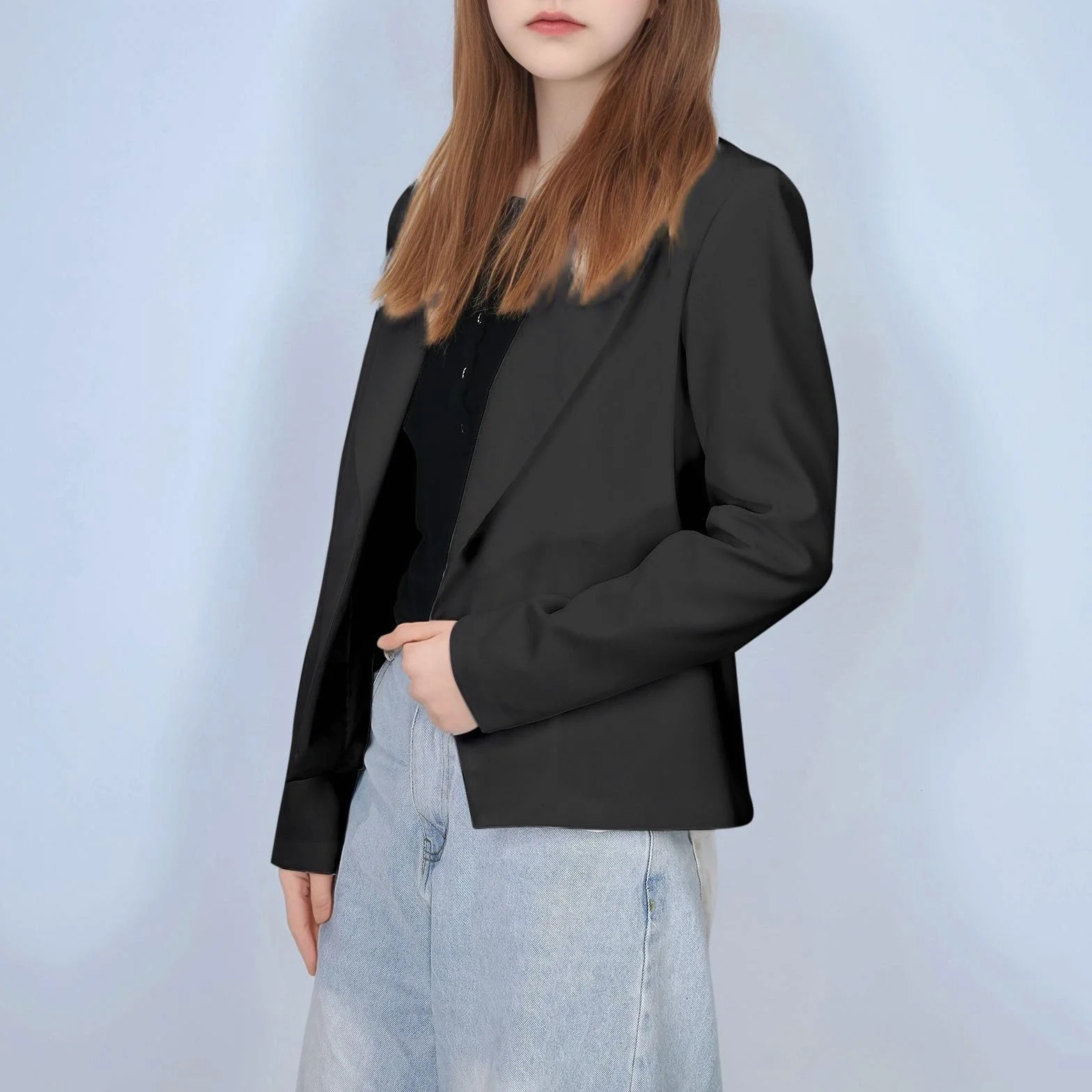 Chaqueta Formal Niña Liso Solapa Traje Frente Abierto Top Manga Larga Talla 5-14 Años