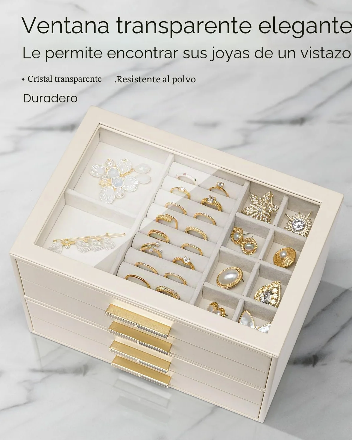 Vlando Joyero Grande Cinderella Plus con 4 Cajones y Tapa de Cristal Beige