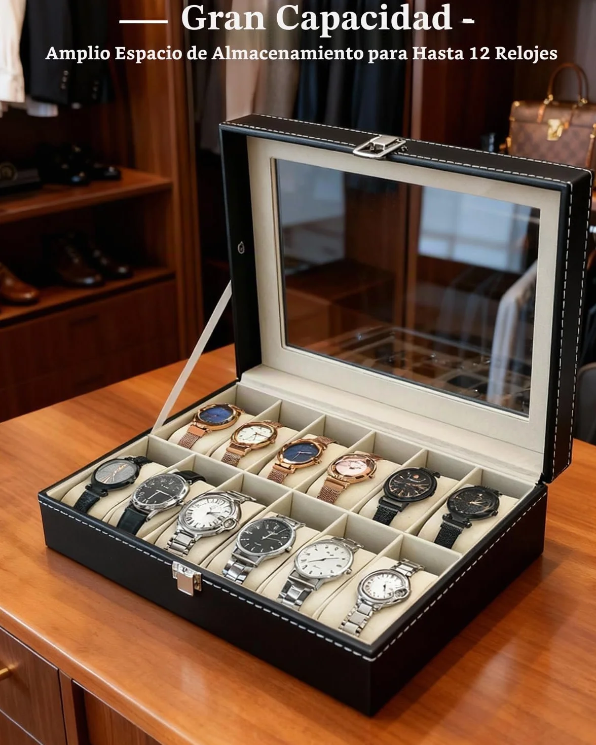 ATPEAM Caja para Relojes 12 Compartimentos Organizador Estuche Almacenamiento Tapa Cristal