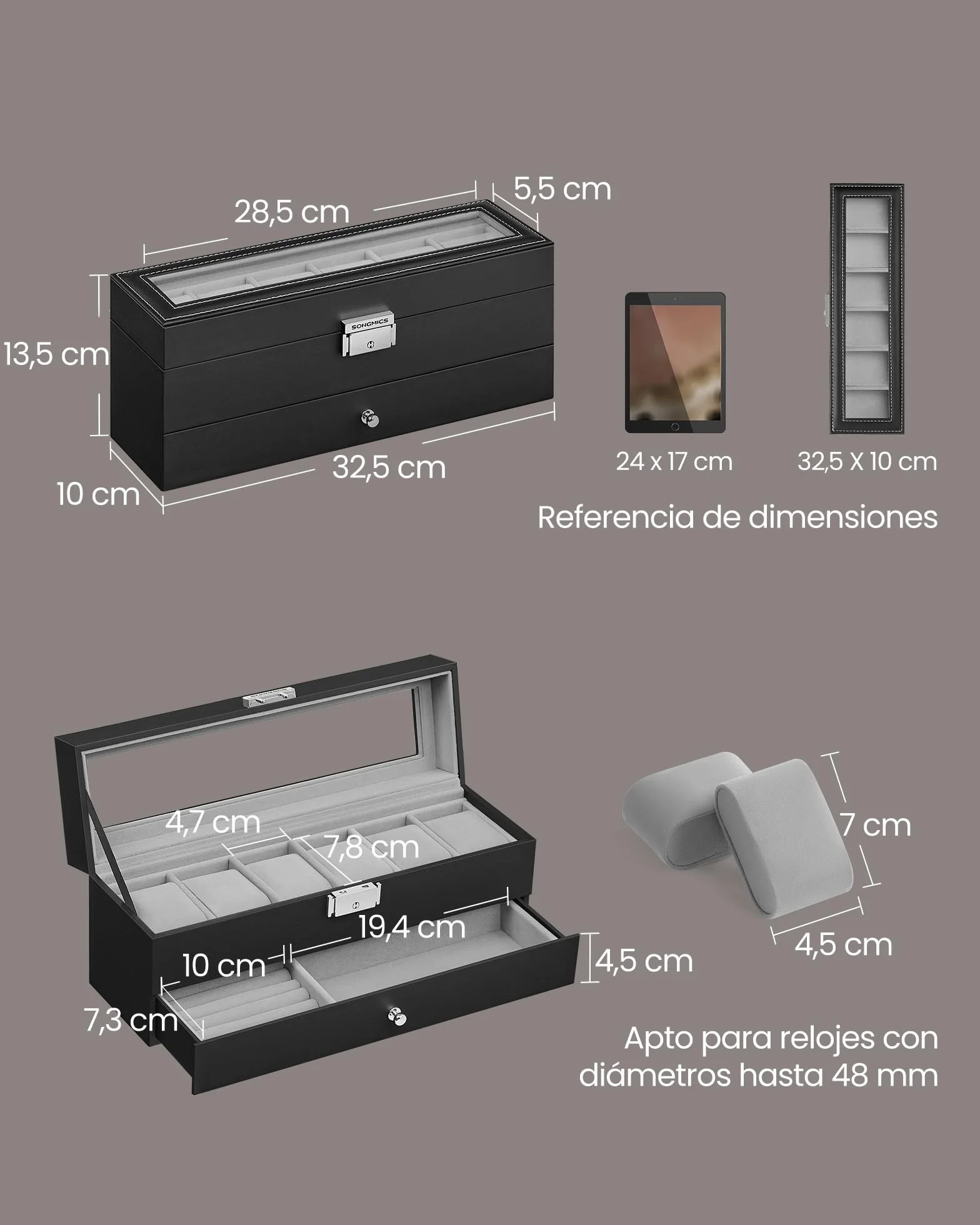 SONGMICS Caja de Reloj 2 Niveles para 6 Relojes, Estuche con Tapa de Cristal y Cerradura, PU Negro