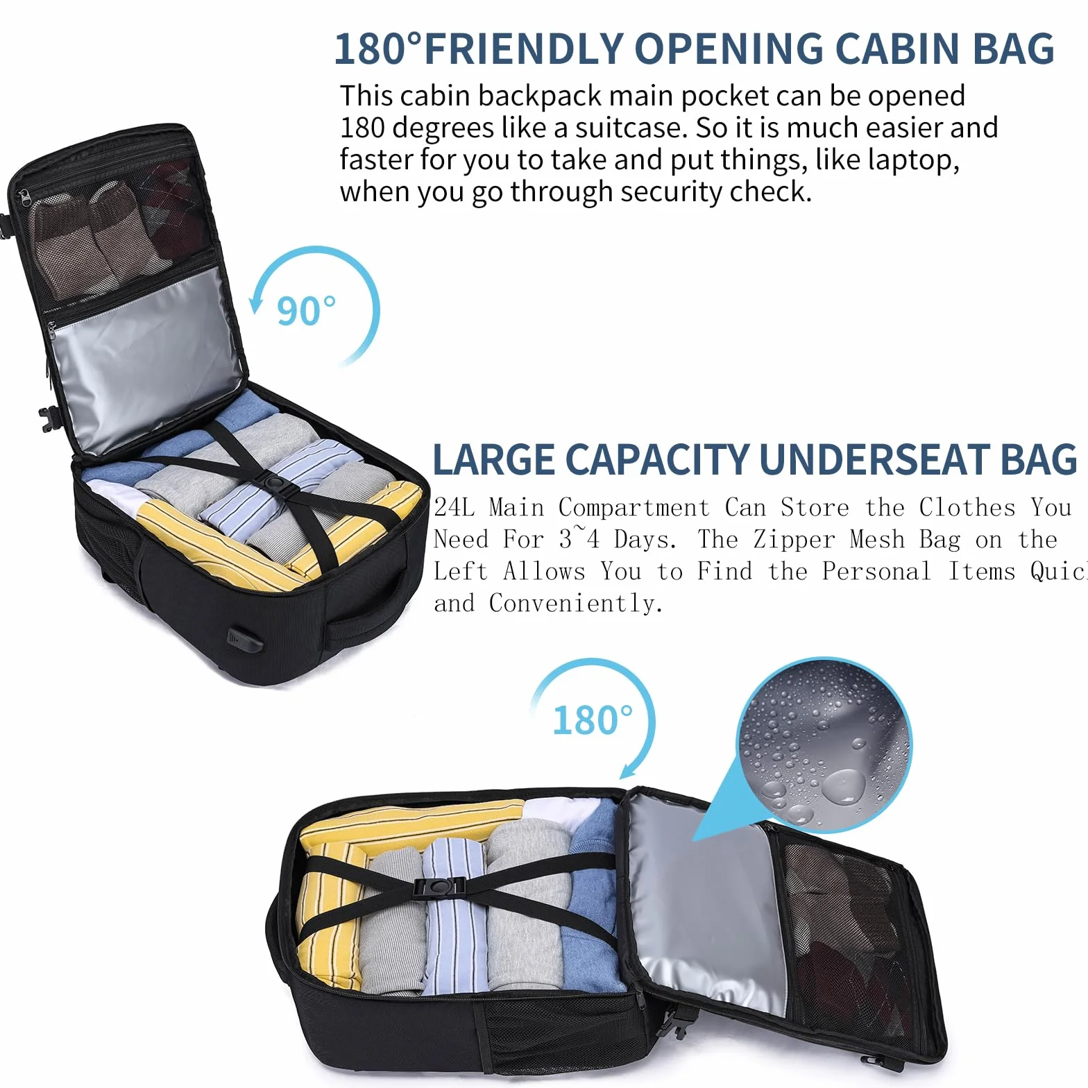 PUSLOM Mochila Viaje Cabina Avion 40x30x20 24L Bolsa Viaje Hombre Mujer Portatil 14 Pulgadas USB Negro