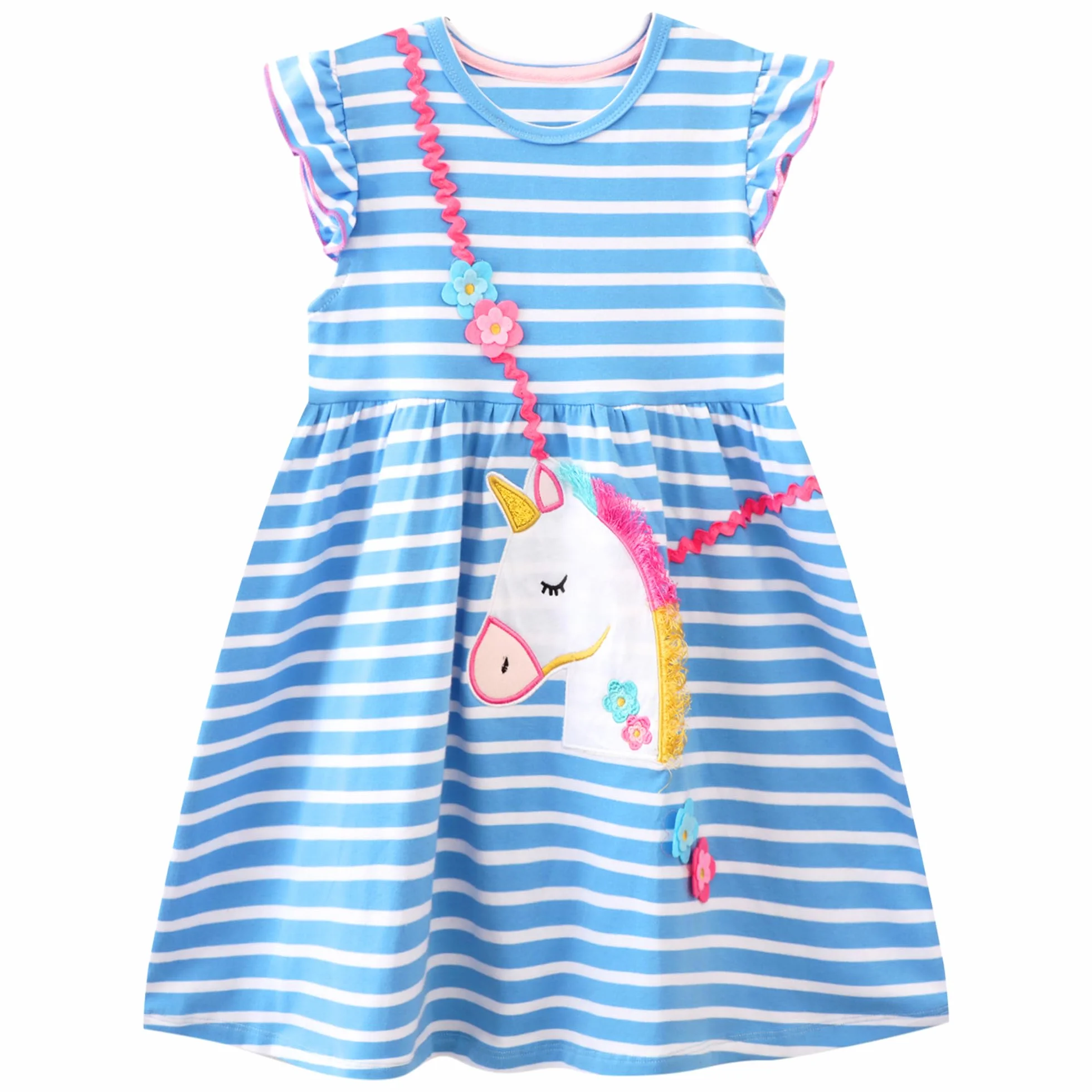 JinBei Vestido para Niñas Algodon Manga Corta Cuello Redondo T-Shirt Rayas Unicornio 2-8 Años