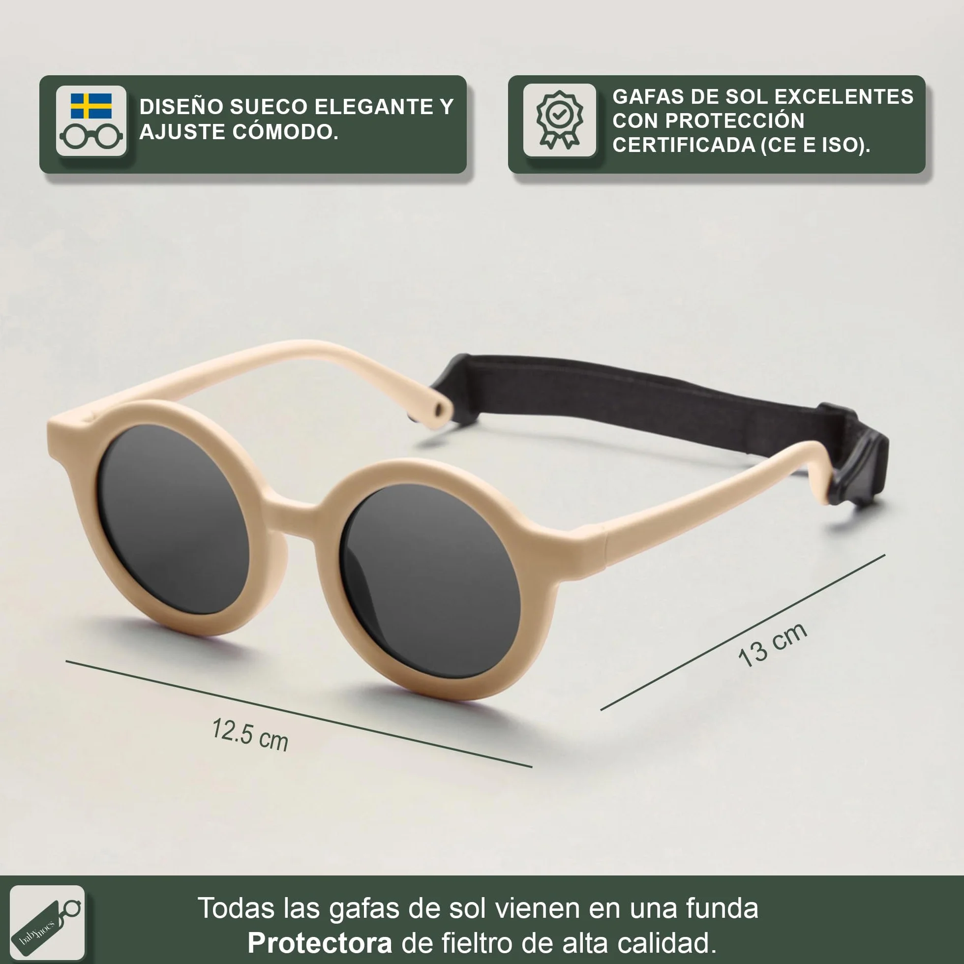 BABYMOCS Gafas de sol redondas para niños protección UV 100% flexibles sin BPA correa diseño sueco