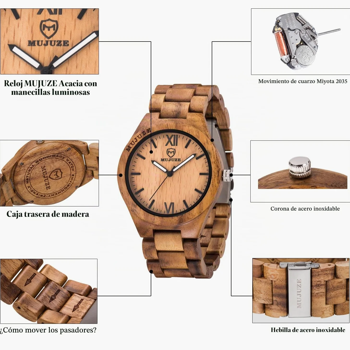 MUJUZE Reloj de Madera Relojes de Pulsera para Hombres y Mujeres Correa de sándalo y Manos Luminosas Reloj analógico de Madera de Cuarzo