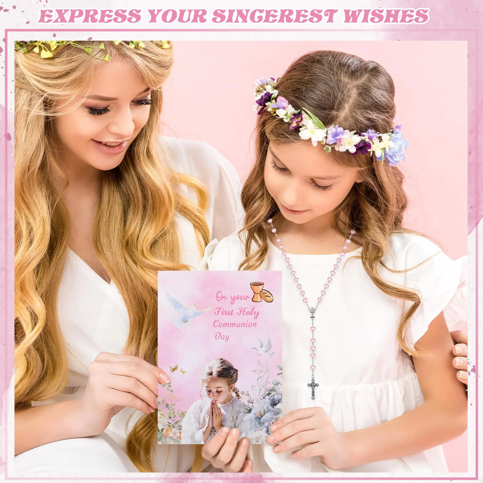 Sinmoe Set de 3 Rosario Corazón Primera Comunión con Tarjetas y Bolsa Cordón Collar Rosario Metálico Cruz Perlas Católicas para Niñas Niños Regalo Bautizo Rosa