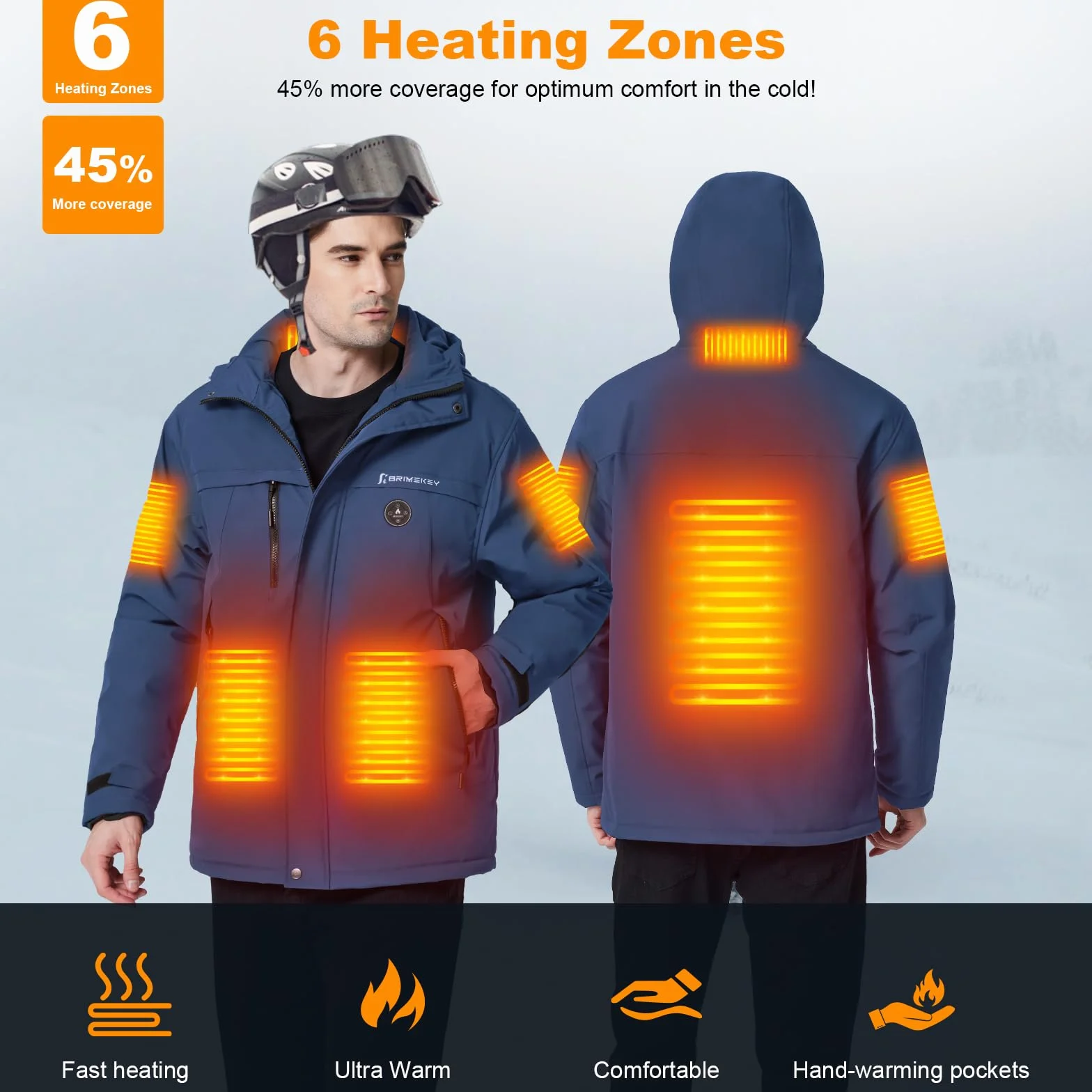 Chaqueta Calefactable Hombre con Batería 7,4V 12000mAh, 6 Zonas de Calor, Impermeable Antiviento para Ski Senderismo Camping