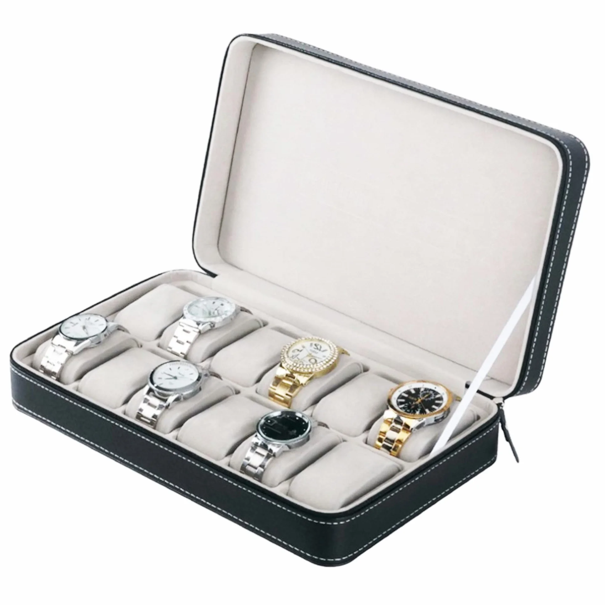 MR Maestro Relojero Estuche Almacenamiento 12 Relojes Cremallera Negro Piel Resistente