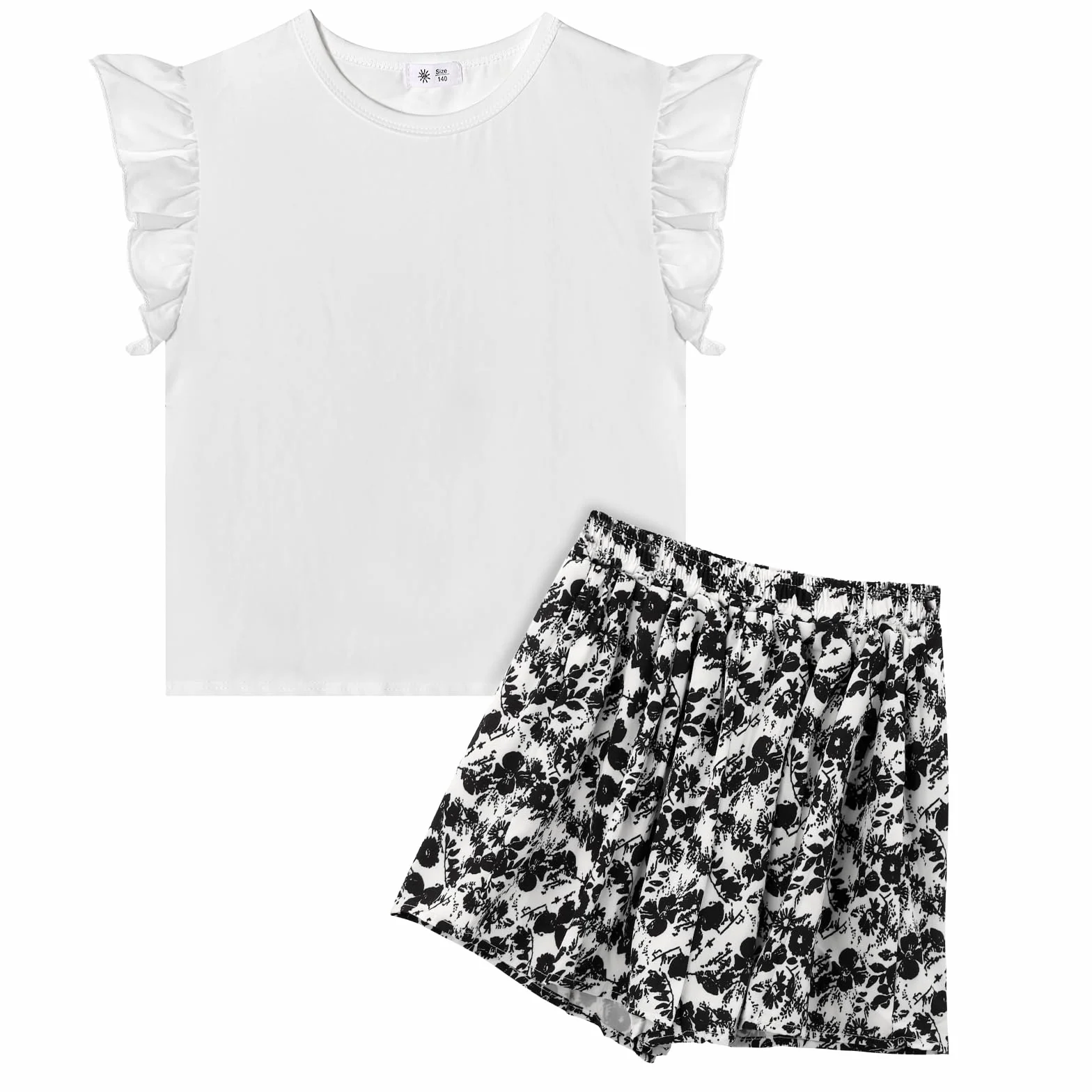 KAKU NANU Ropa para niñas Conjuntos de verano 3-10 años Camiseta lisa sin mangas con volantes Pantalones cortos Cuello redondo Negro Blanco Rojo Amarillo Rosa Morado Azul
