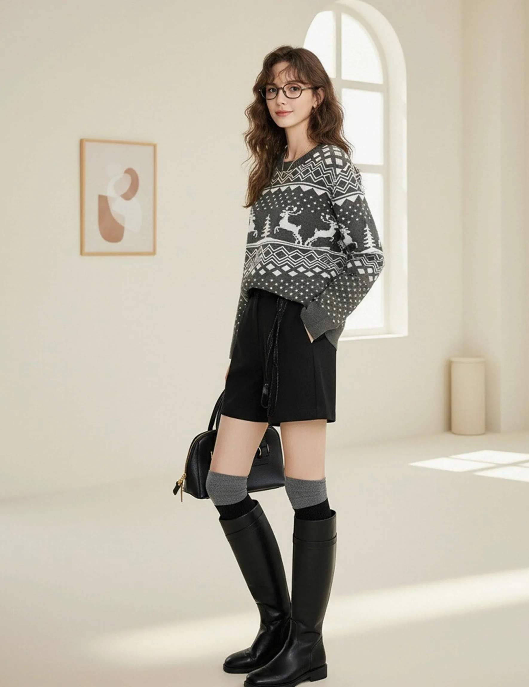 Jersey Navidad Mujer de Punto con Reno y Árbol | Este jersey Navidad mujer de punto suave y cálido luce reno y árbol para fiestas de invierno y regalos navideños