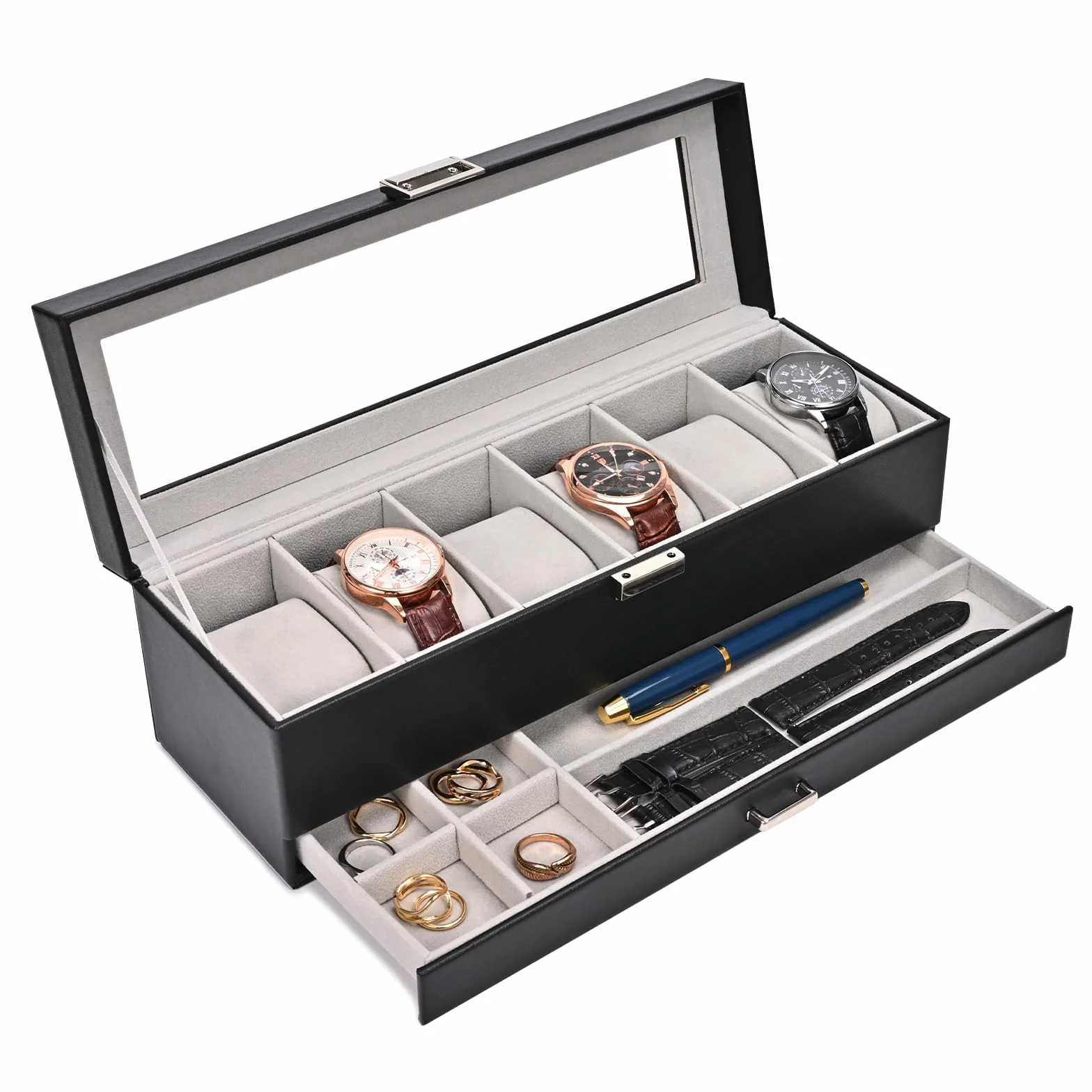 ProCase Caja de Relojes 6 Ranuras Cajón 2 Capas Tapa de Cristal Estuche Almacenamiento Negro