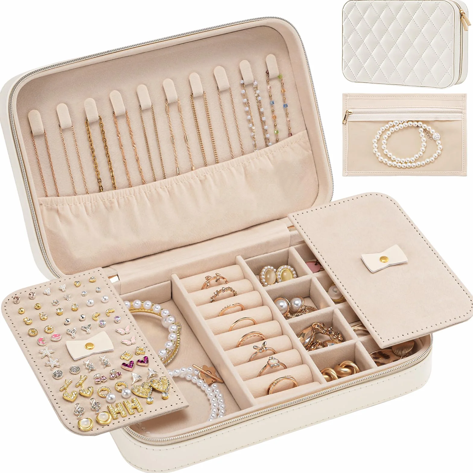 Lolalet Caja de Joyería de Viaje, Organizador Portátil de Piel Sintética con Espejo para Pendientes, Anillos, Collares y Pulseras, Tamaño M, Blanco