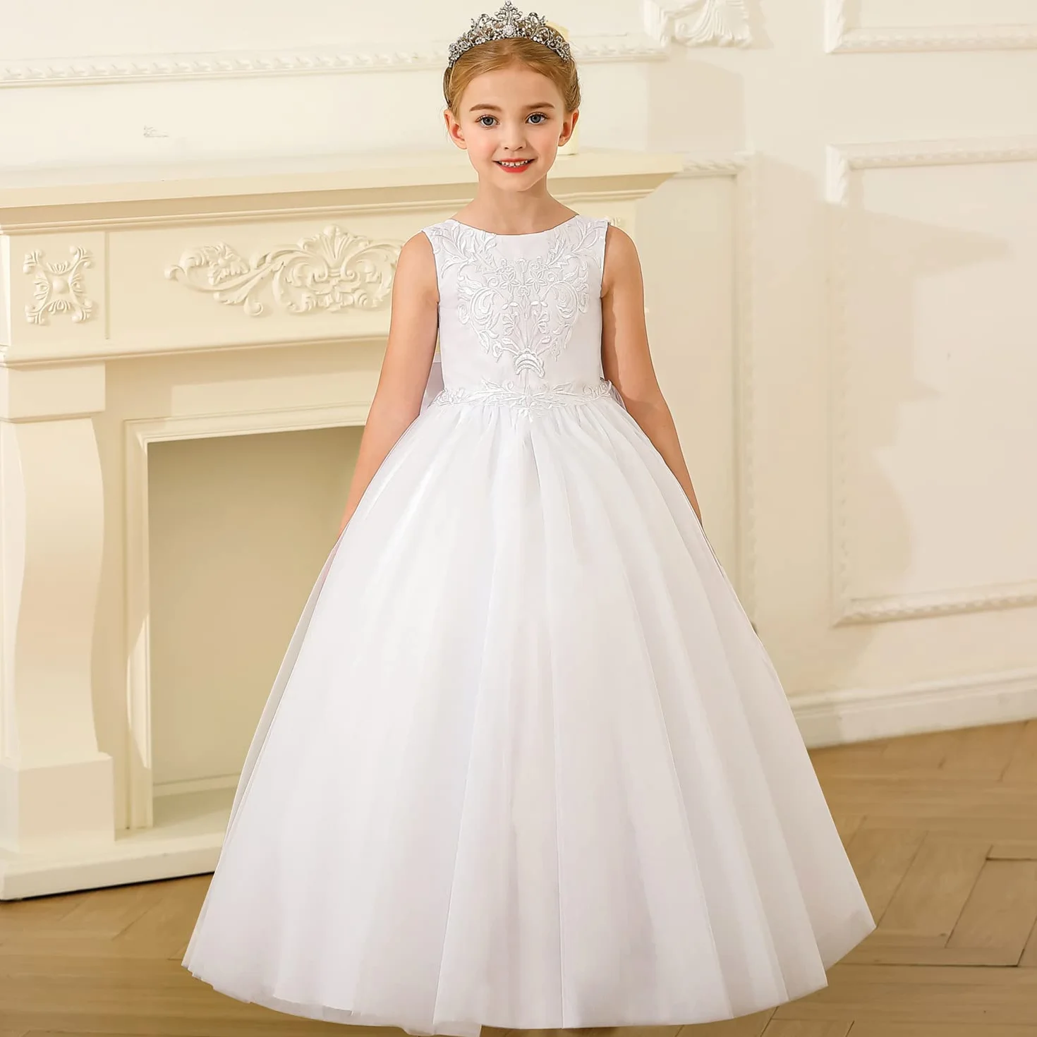 PLWEDDING Vestido de niña bordado de encaje para boda V-espalda con lazo