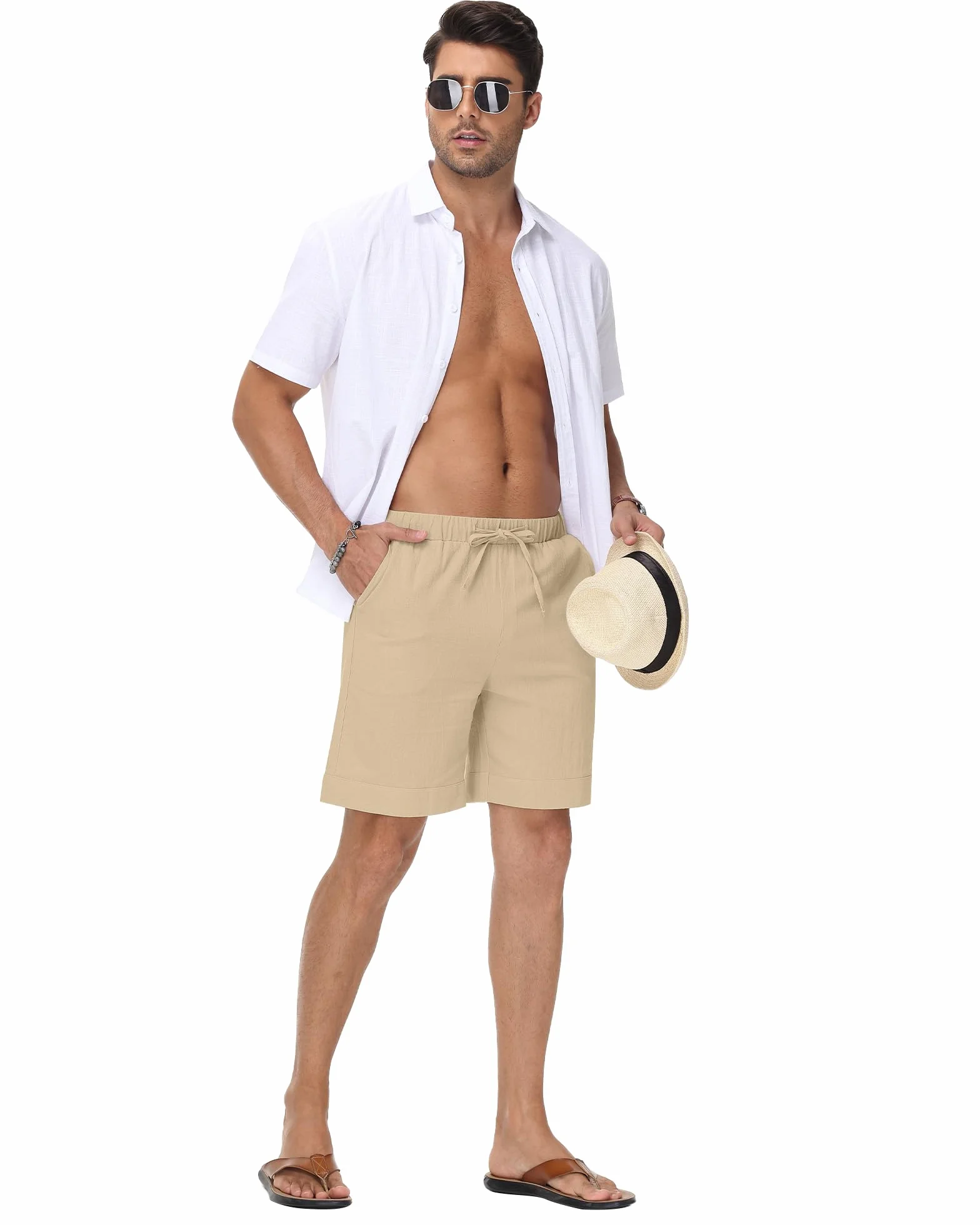 Pantalones Cortos de Lino para Hombre Cintura Elástica Bolsillos Verano