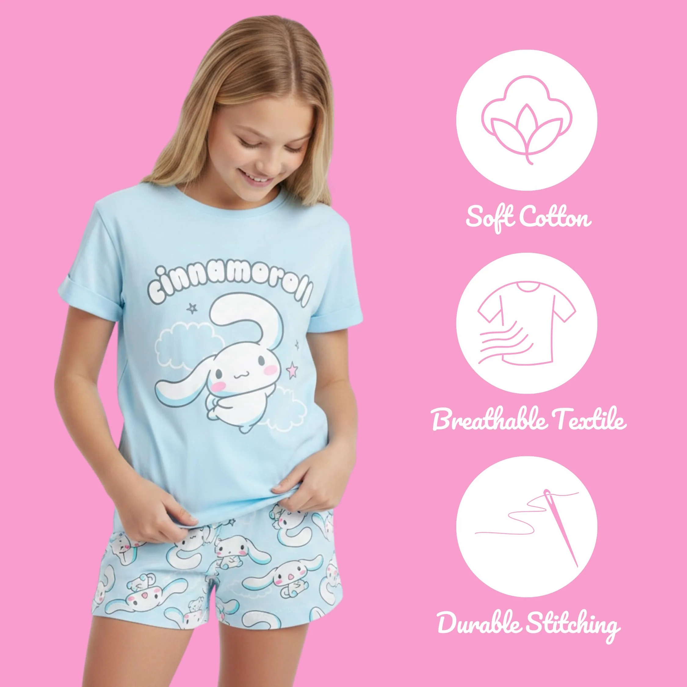 Hello Kitty Cinnamoroll Camiseta y Pantalon para Niña, Conjunto 2 Piezas Camiseta Manga Corta y Pantalon Corto, Tallas 8 a 14 Años