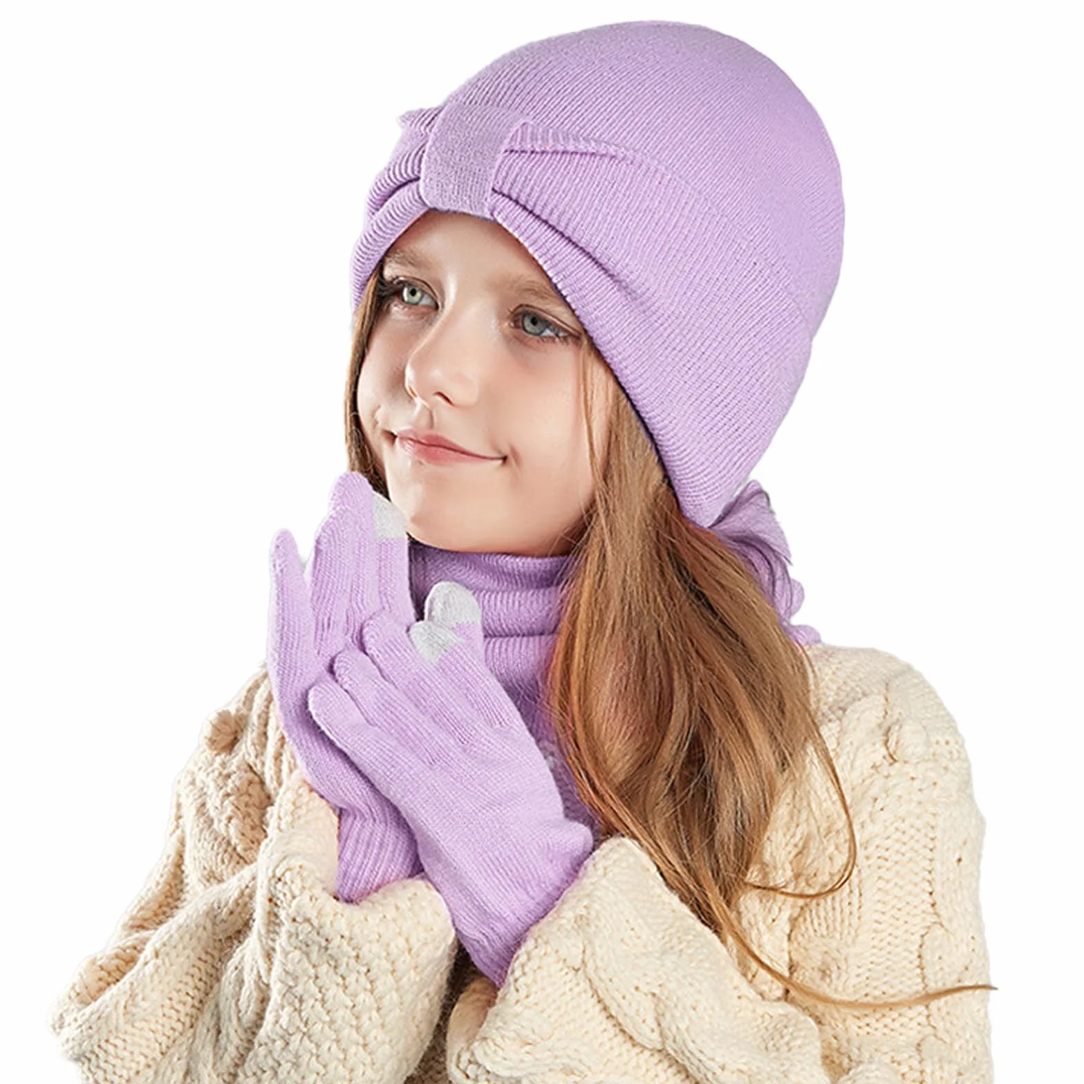 Conjunto de Gorro Bufanda y Guantes 3 en 1 para Niños Invierno 3PCs Púrpura