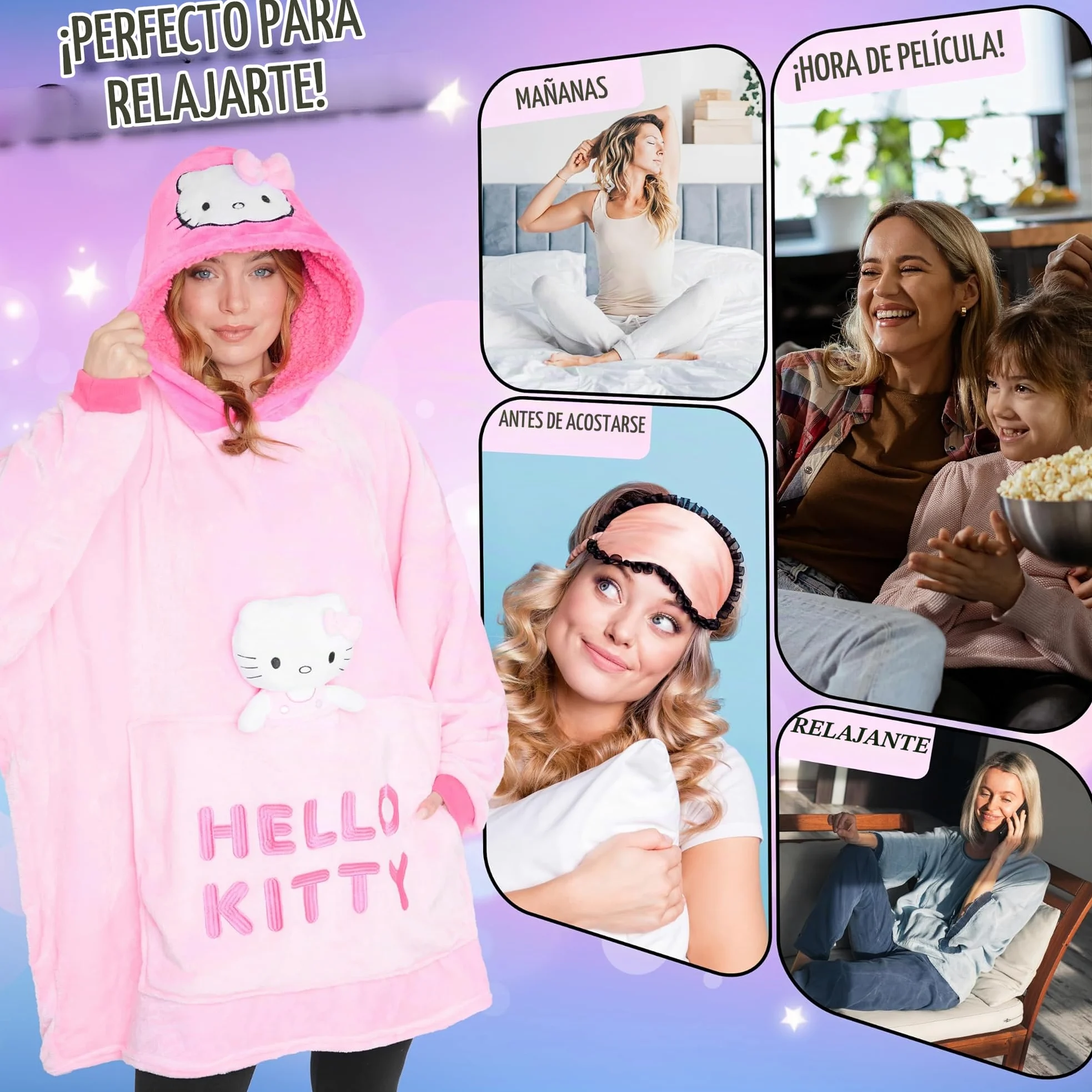 Hello Kitty Sanrio Sudaderas Mujer con Capucha, Kuromi Manta con Mangas y Peluche Adjunto, Regalos de Anime para Ella